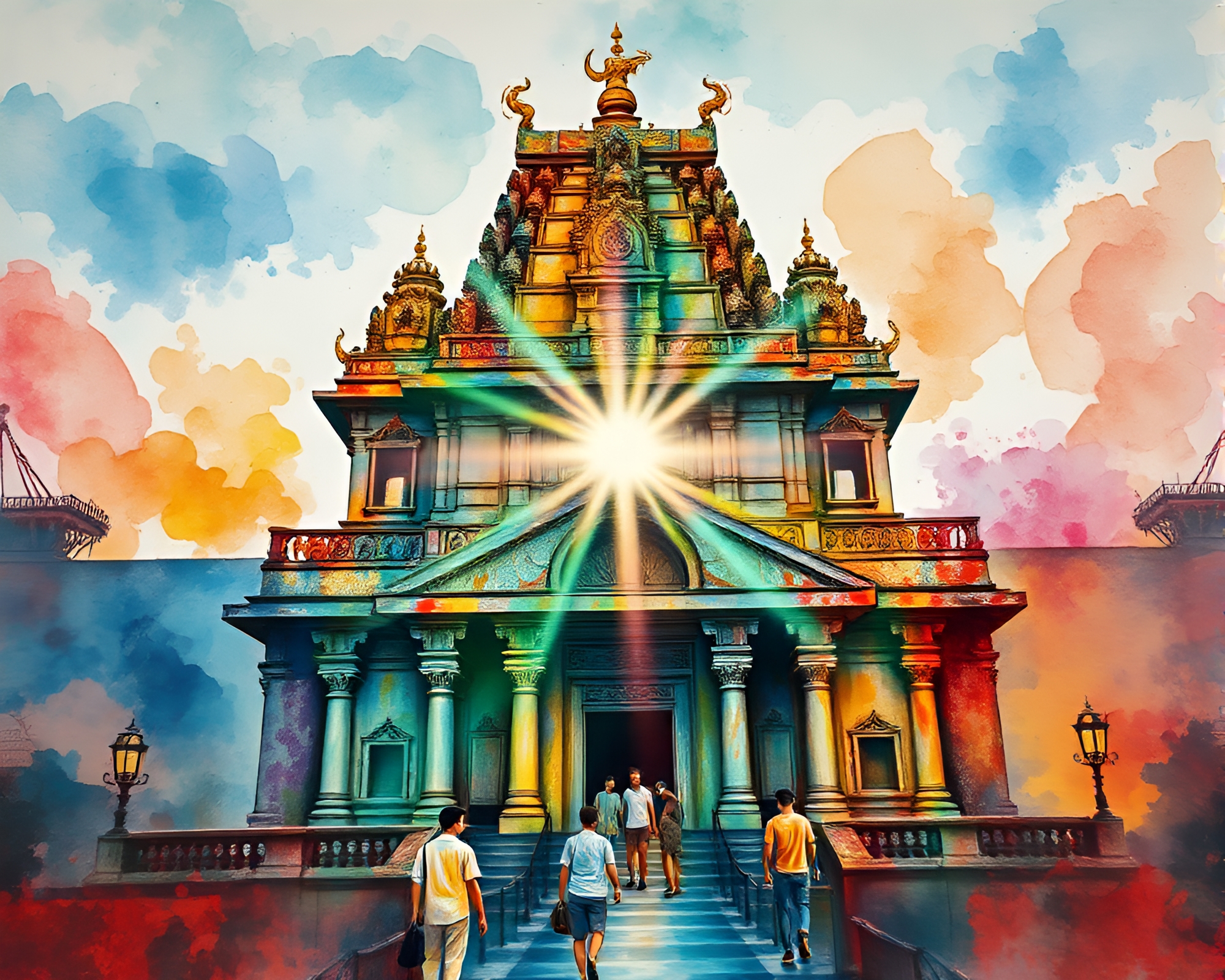 Sunlit Temple Mural with Watercolor Flare – free AI stock image
