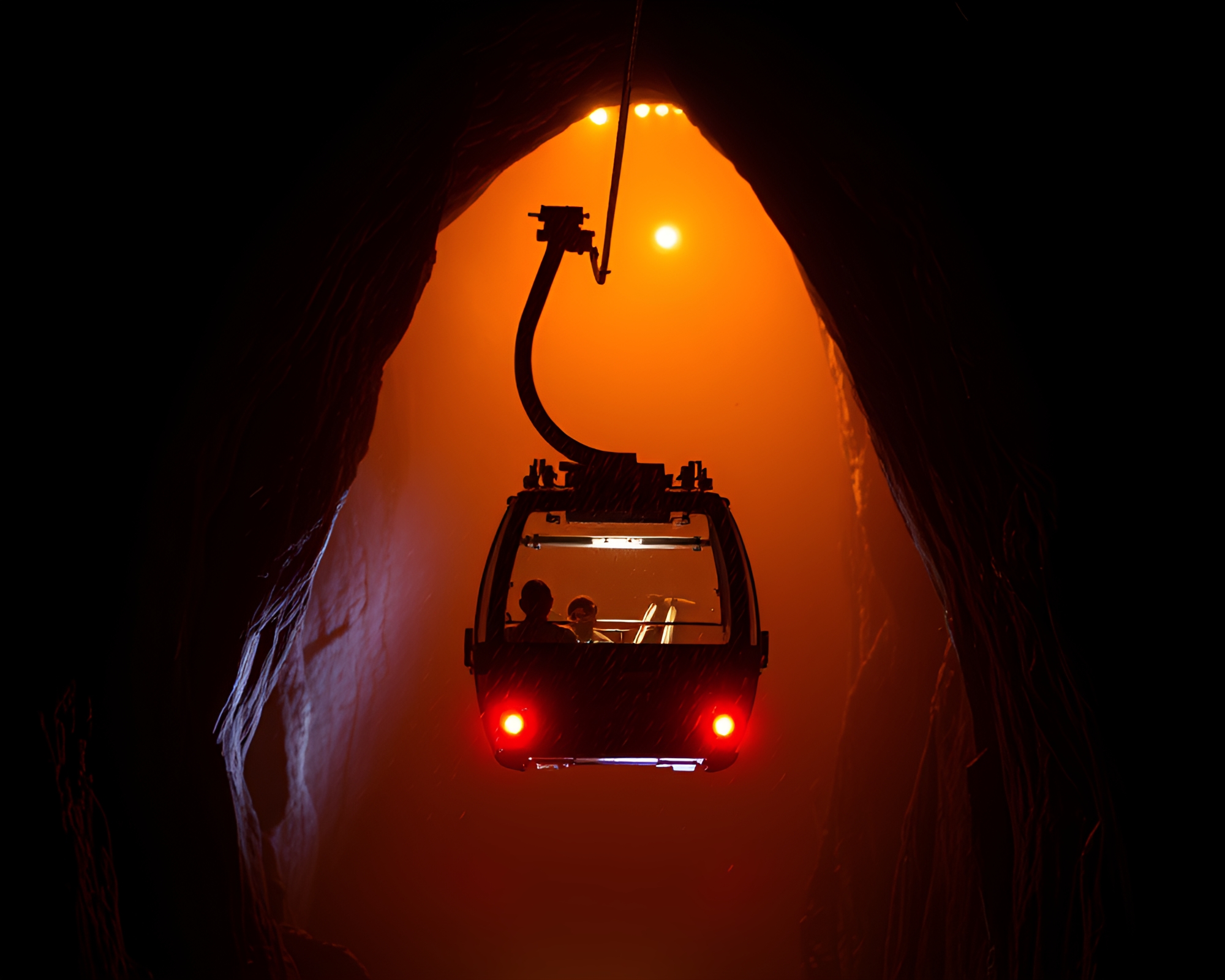 Gondola Lift traversing through mystical cavern with light trails – free AI stock image