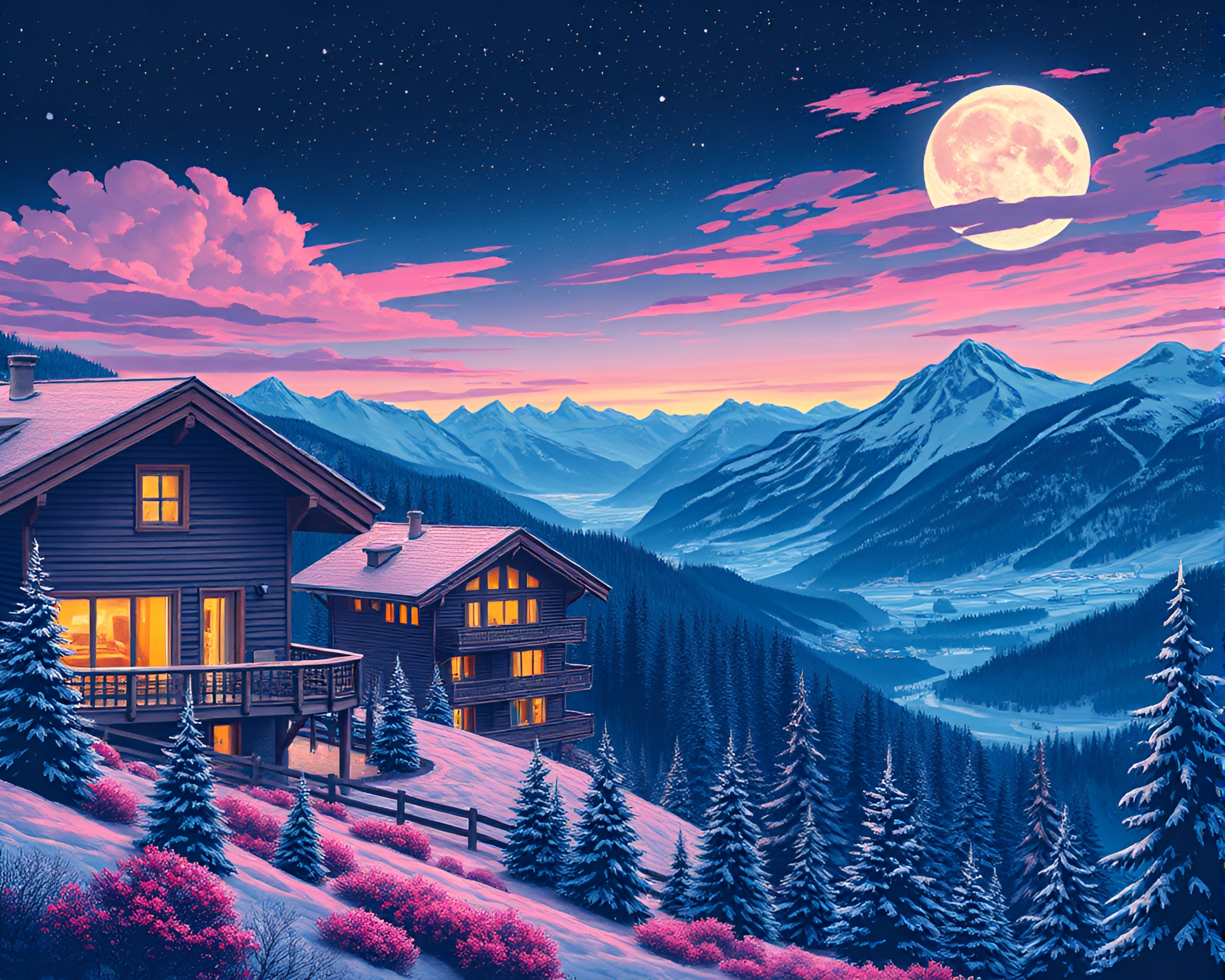 Panoramic Alpine Chalet with Pastel Neon Stencil Art – free AI stock image