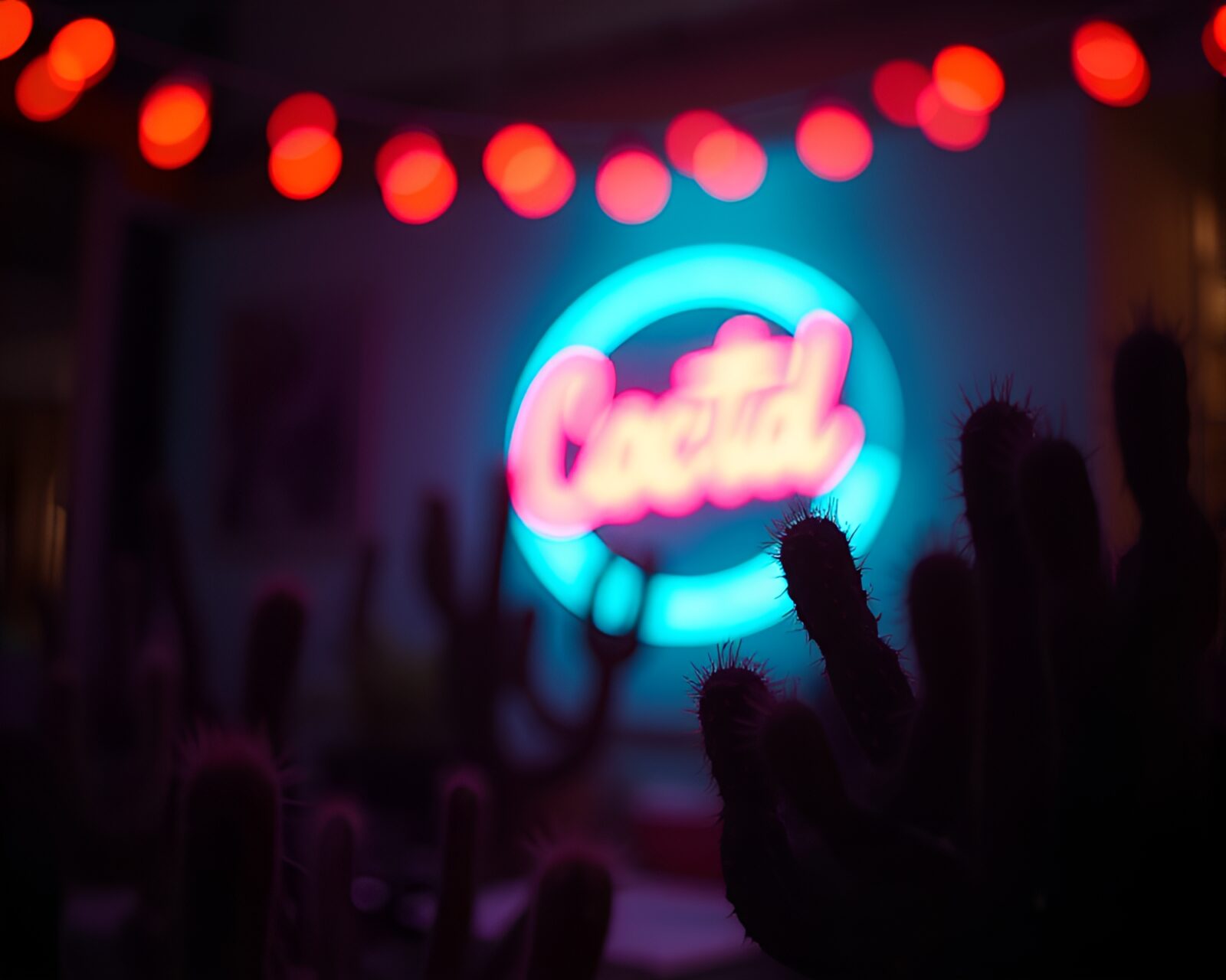 Colorful glitched neon cactus in bokeh foreground