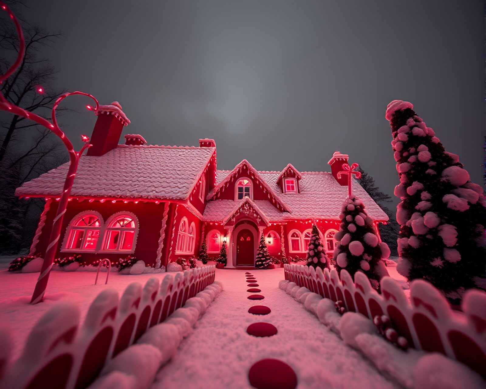 Futuristic gingerbread house in vibrant red synthwave style