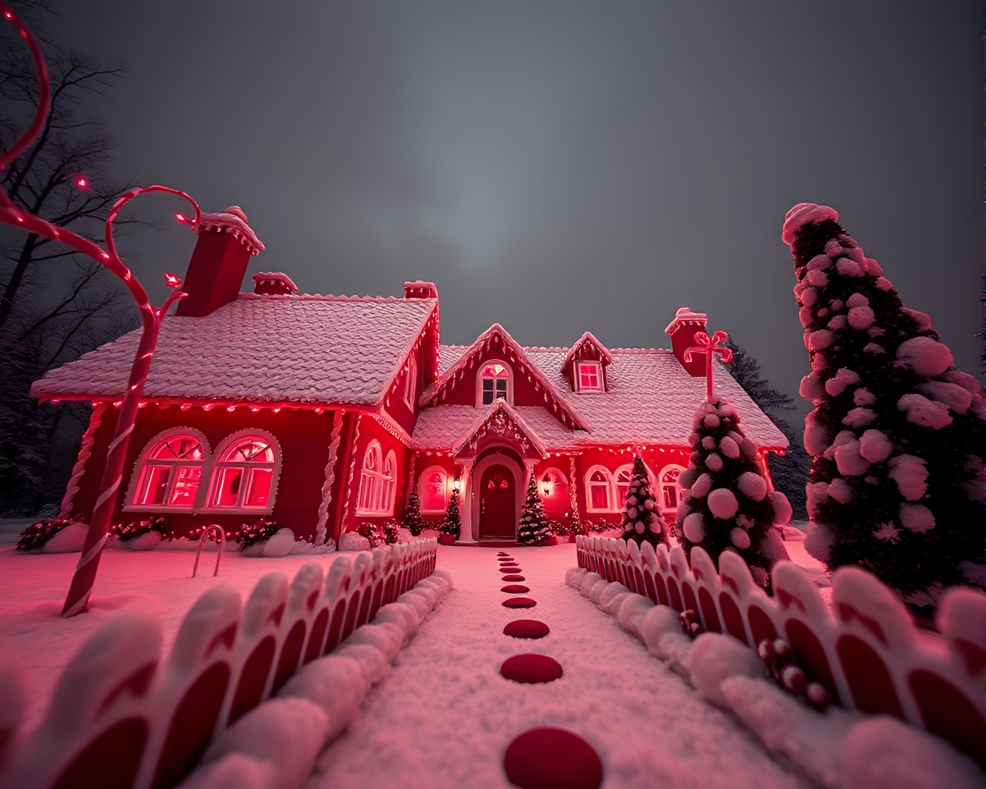 Synthwave Gingerbread House in Monochrome Red Dream – free AI stock image