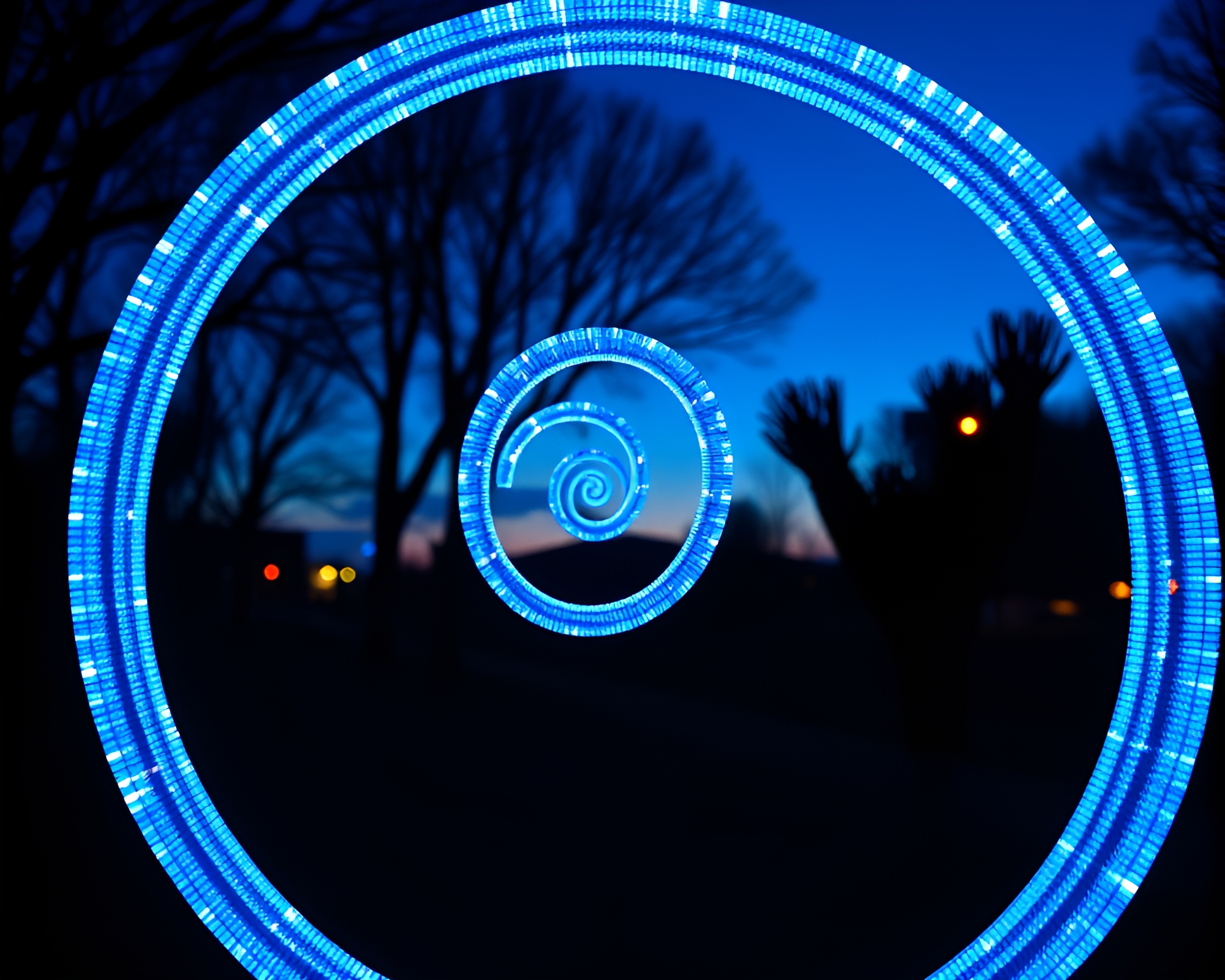 Twilight Beetle Spiral LED Light Art Composition – free AI stock image