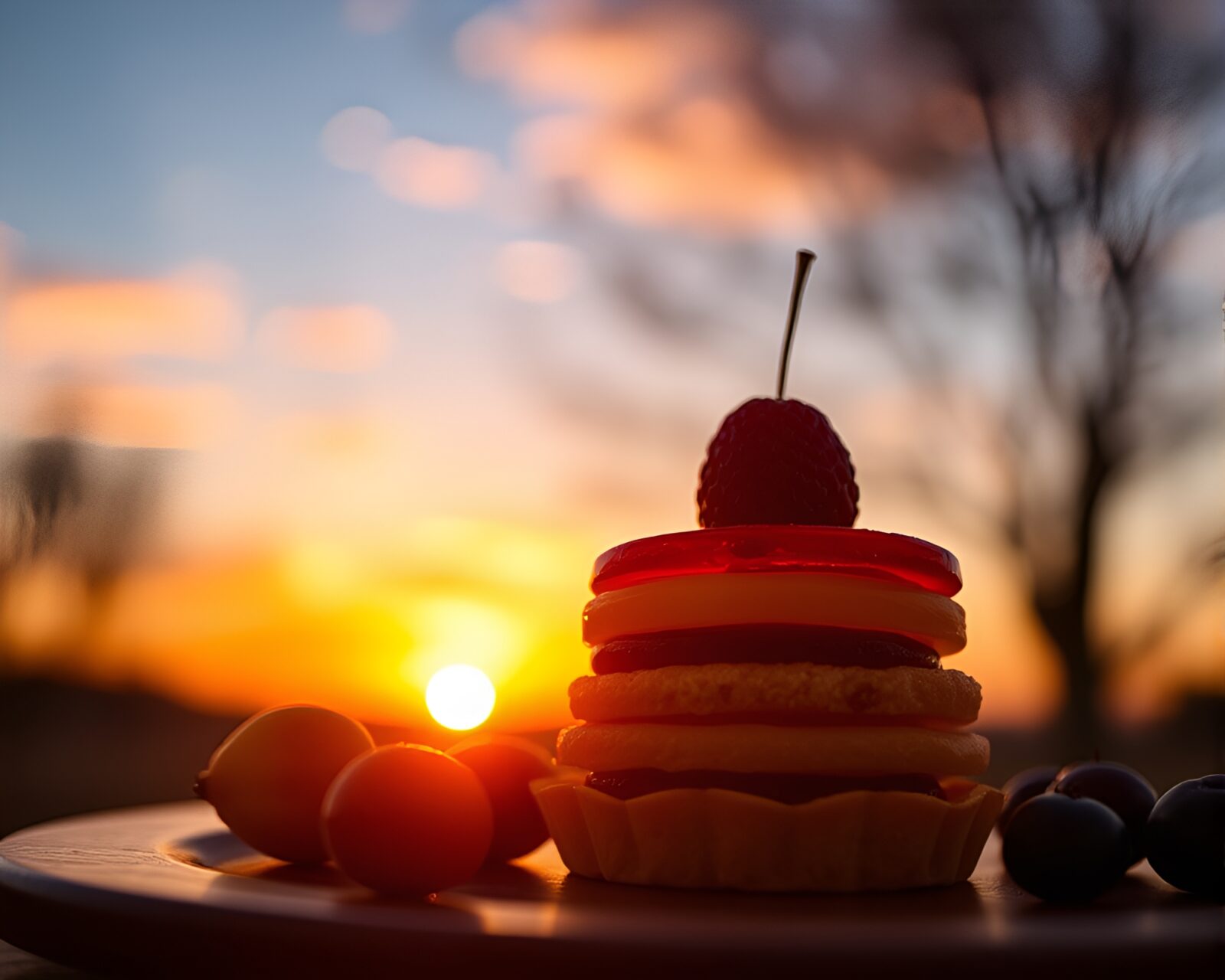 Backlit fruit tart with warm sunset hues in silhouette