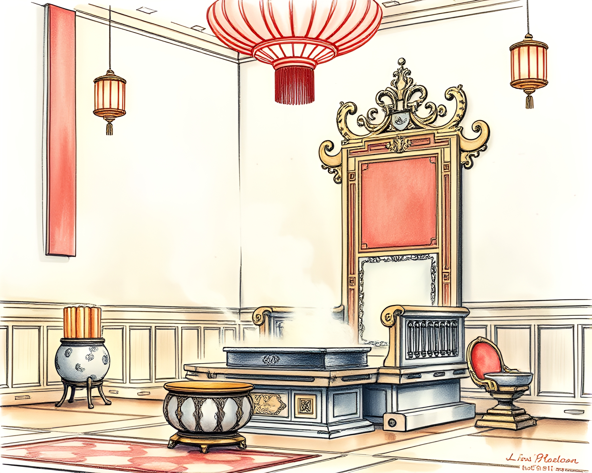 Pastel etching: Dim sum in throne room glow – free AI stock image
