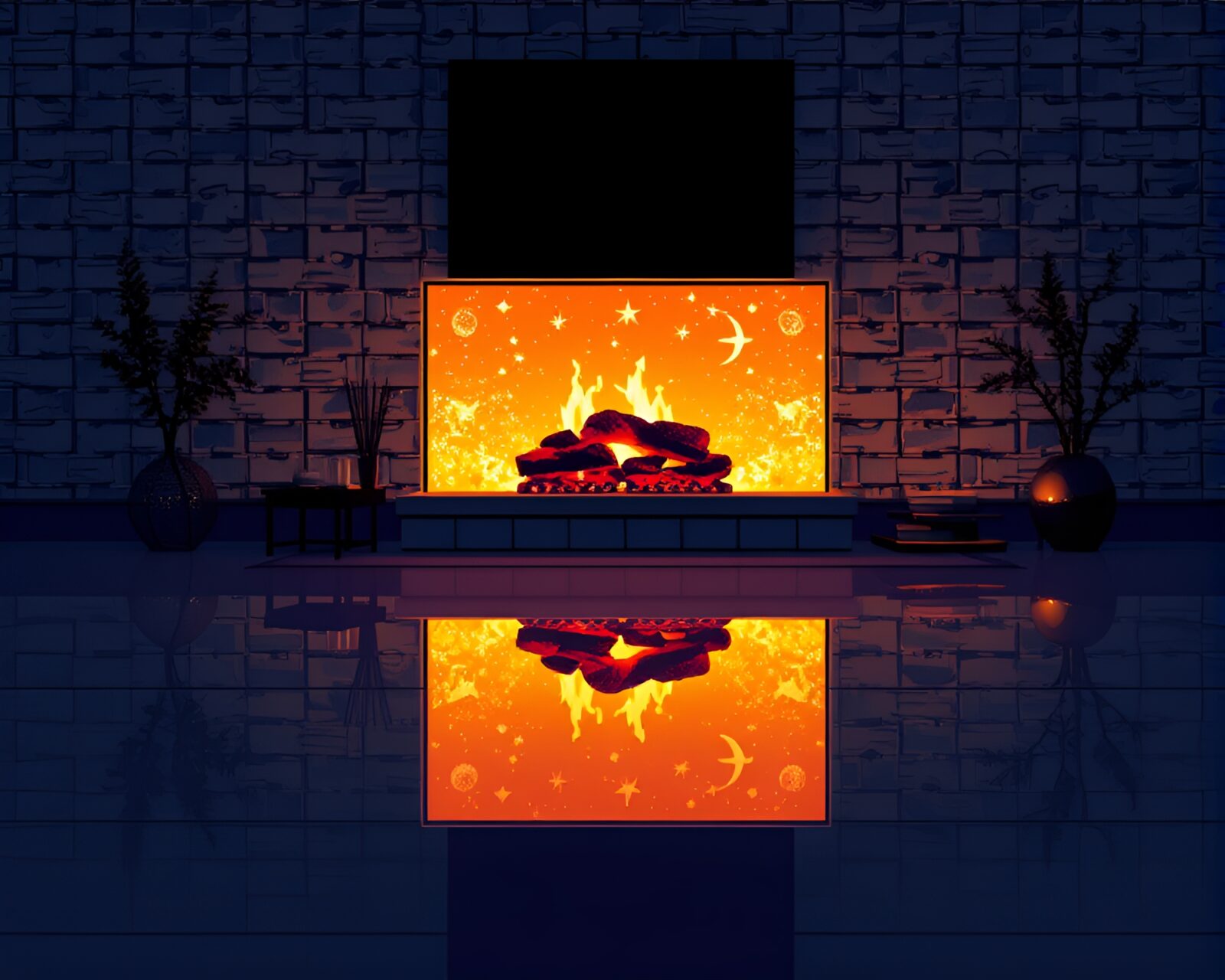 16-bit style satellite reflected on fiery hearth surface