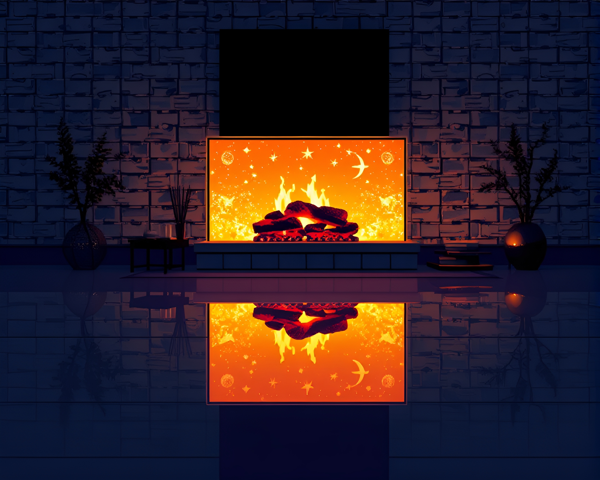 Satellite Reflection in 16-Bit Fireplace Glow – free AI stock image