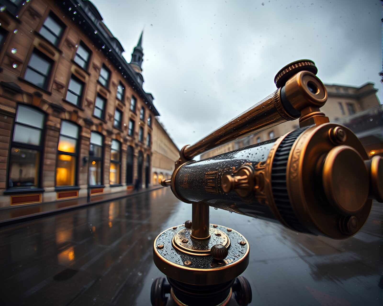 Vintage tool on wet ground under cloudy sky