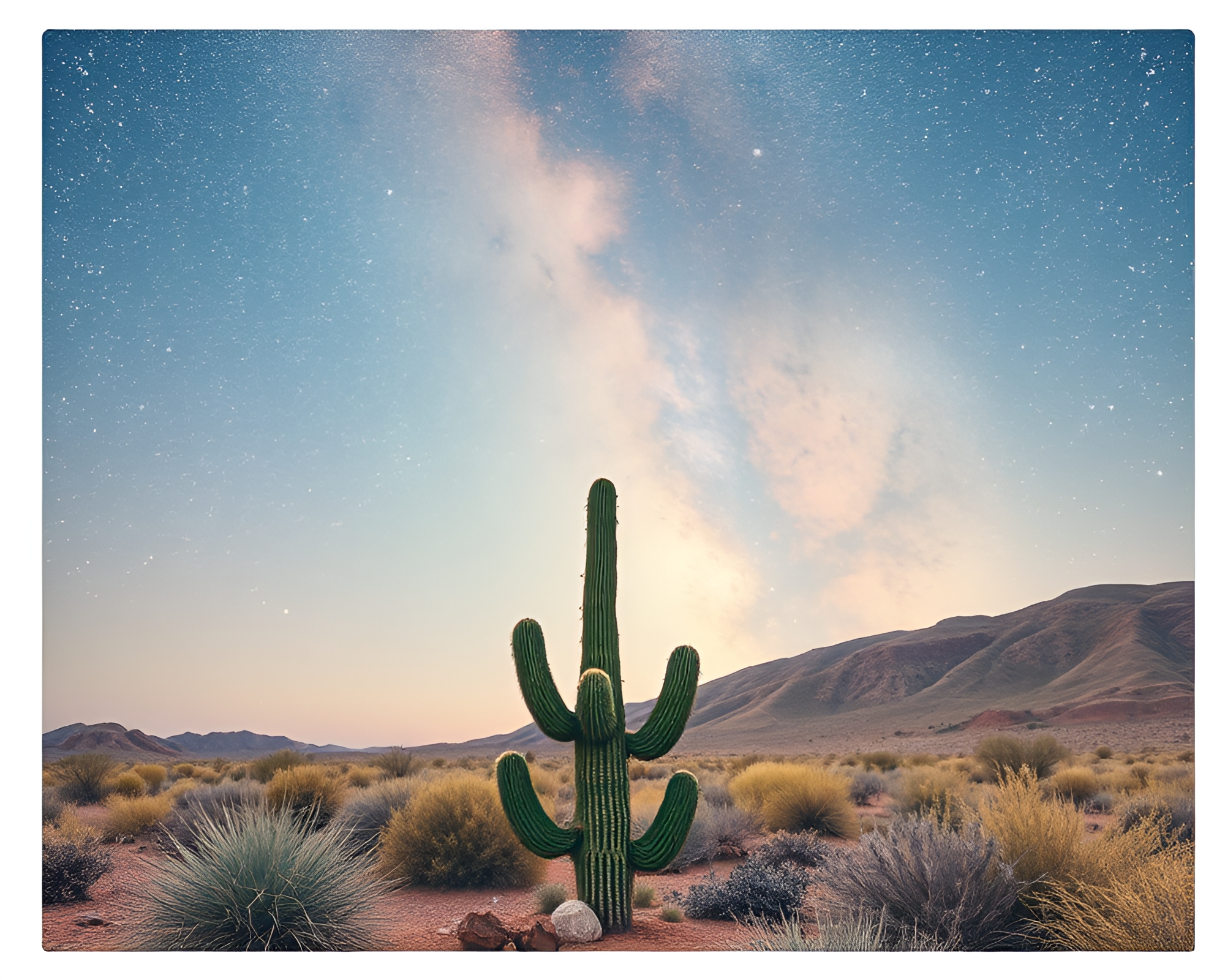 Starry Night Cactus: Cosmic Desert Polaroid Picture – free AI stock image