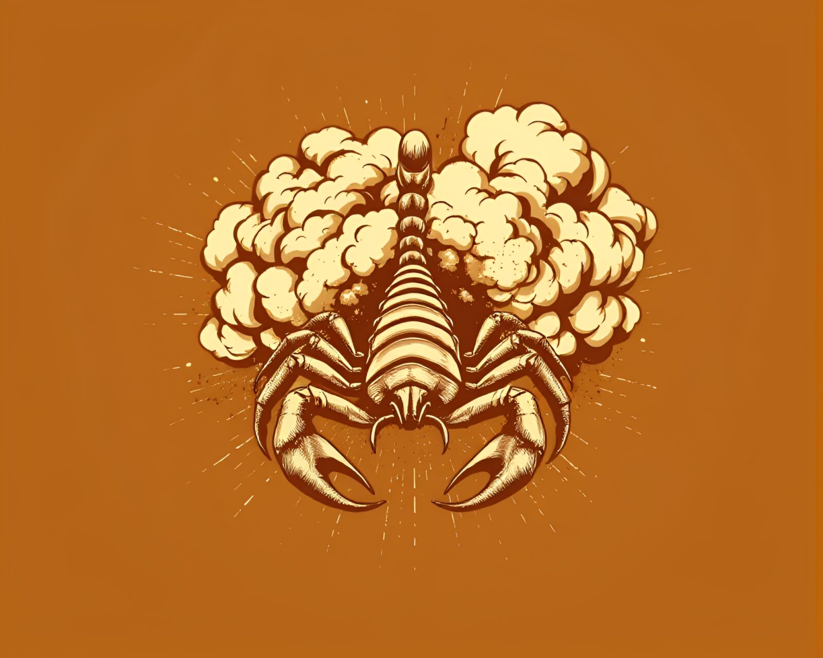 Halftone image of a scorpion in a cloud of sepia explosion.