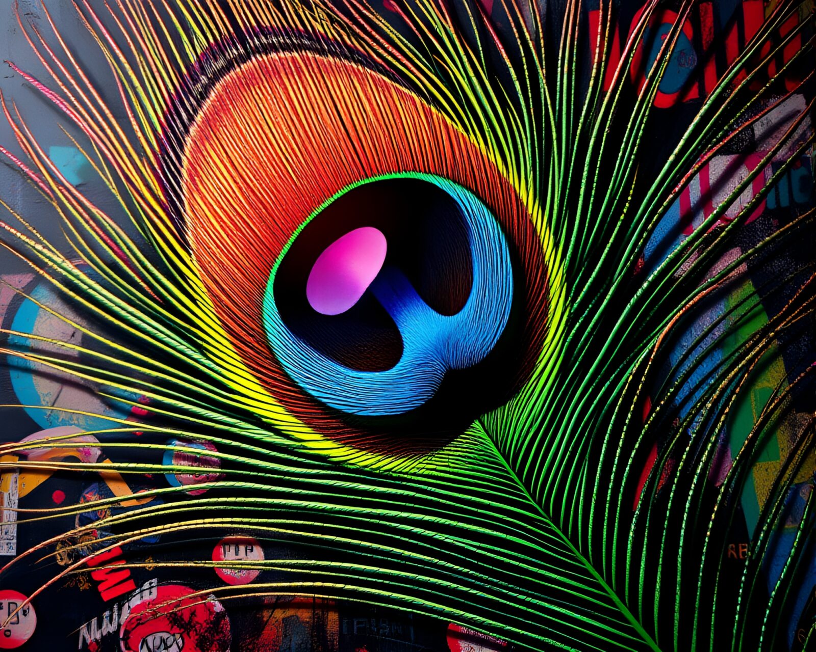 Vibrant neon graffiti backdrop with intricate peacock feather