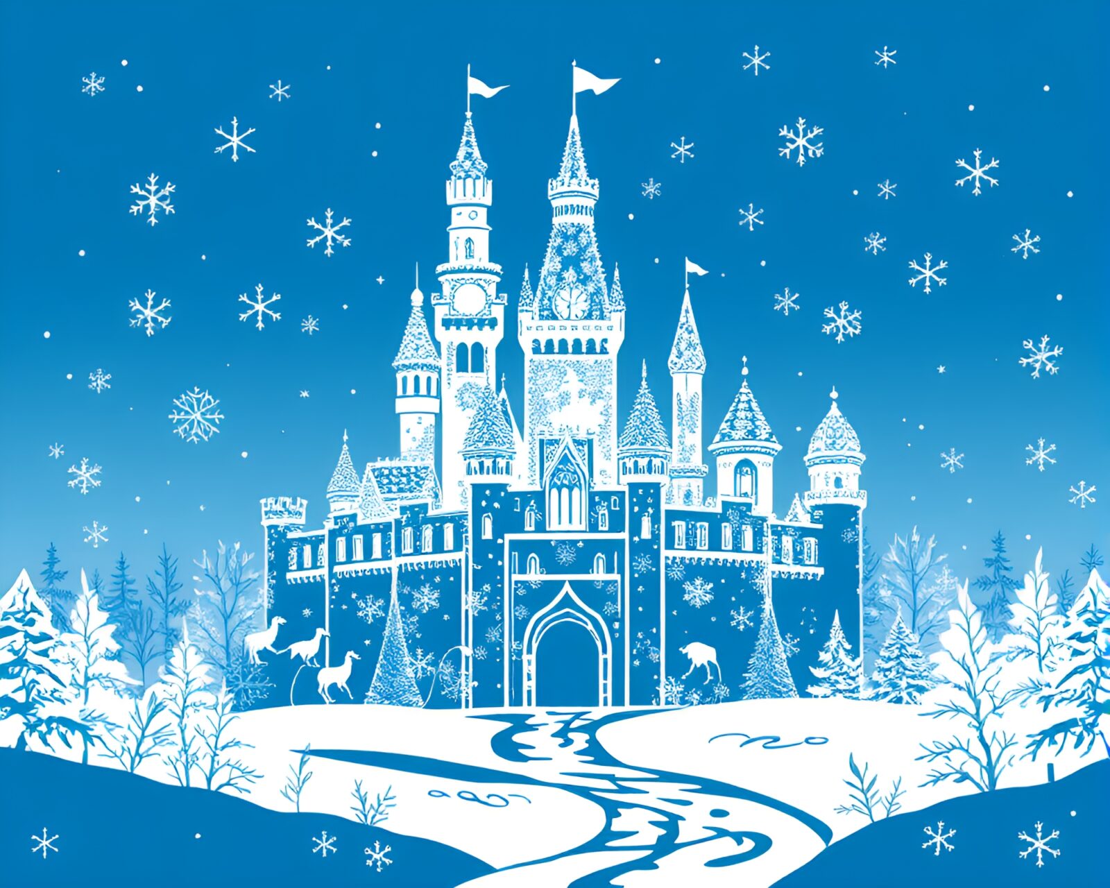 A majestic castle covered in intricate snowflake designs against an icy backdrop