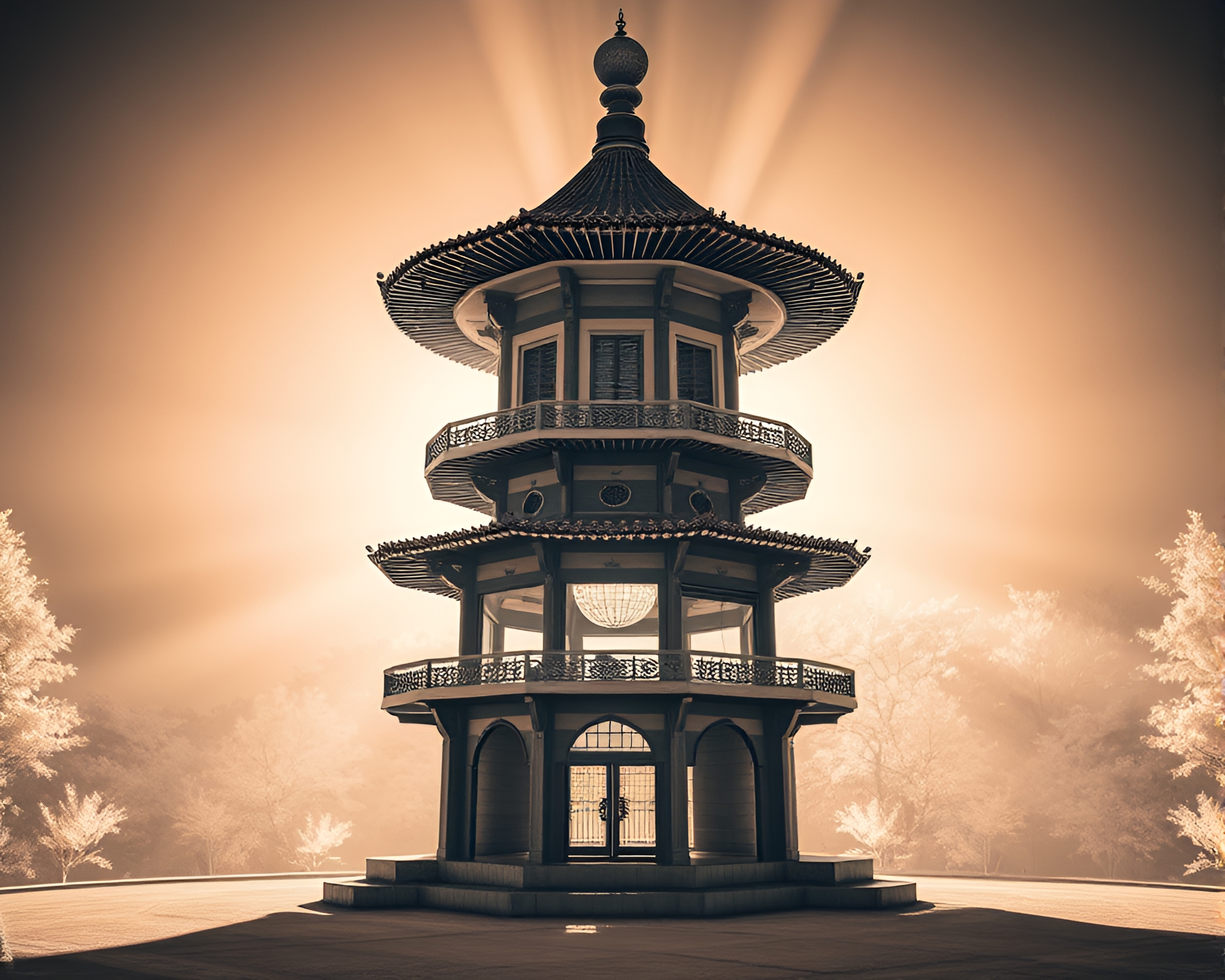 Infrared Pagoda Night Disco Ball Illumination – free AI stock image