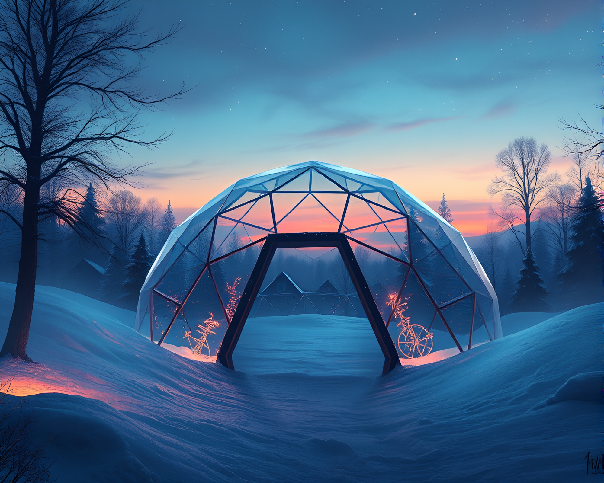 Fantasy Glass Igloo in Digital Twilight Haze – free AI stock image