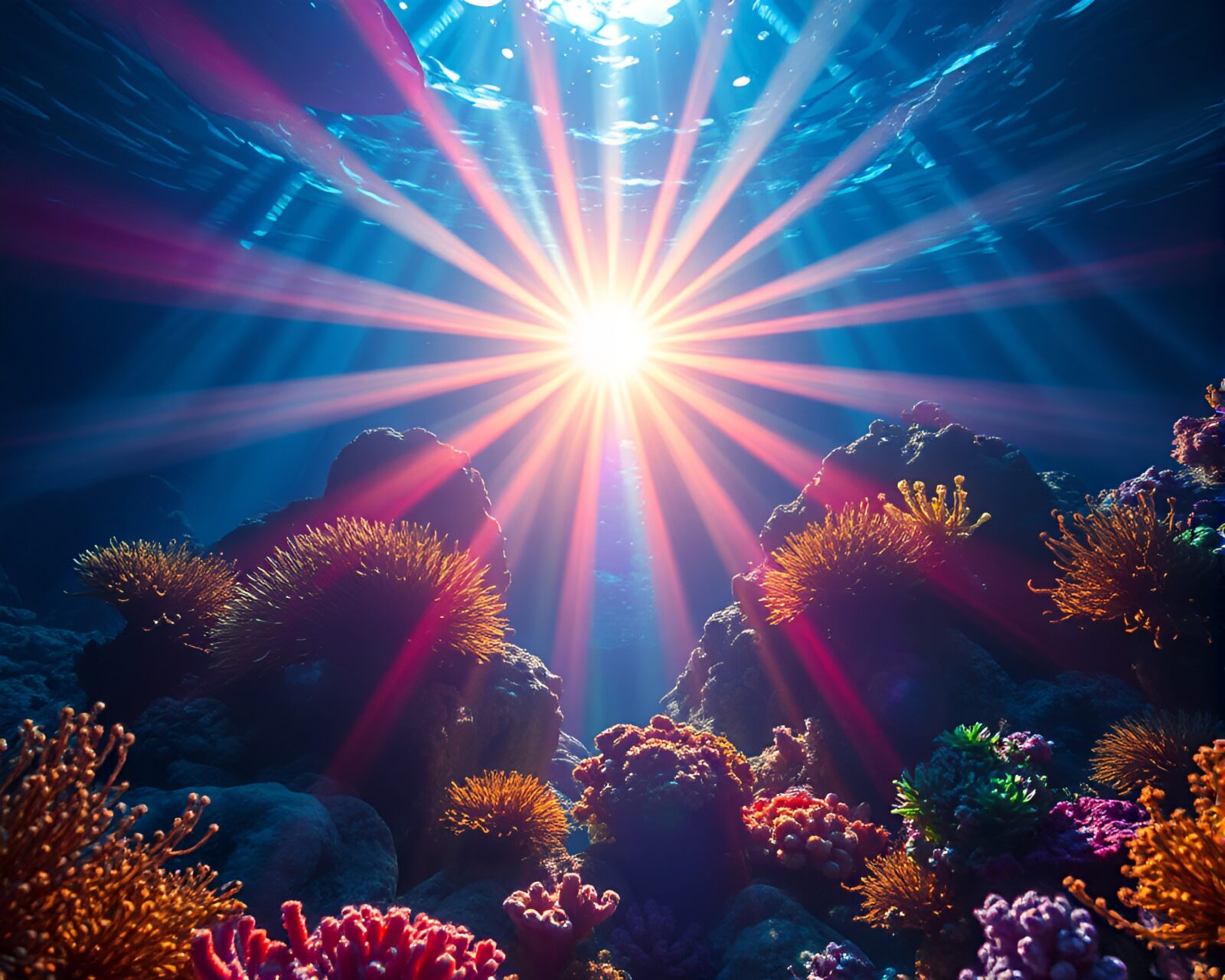 Colorful prism-refracted coral reef in cathedral lighting vignette