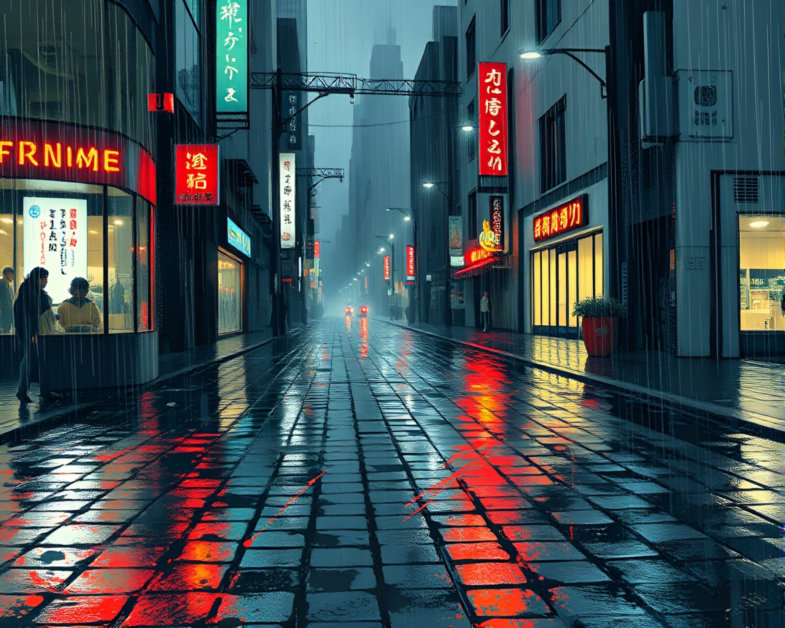A retro-futuristic scene with wet streets reflecting neon grids