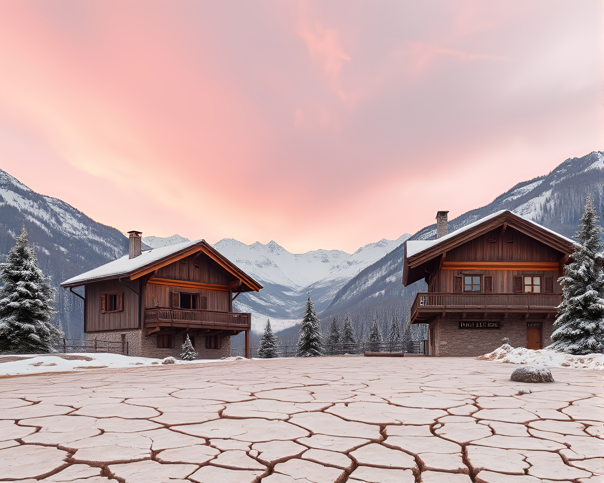 Alpine Chalet Oasis: Blush Pink Serenity on Cracked Earth – free AI stock image