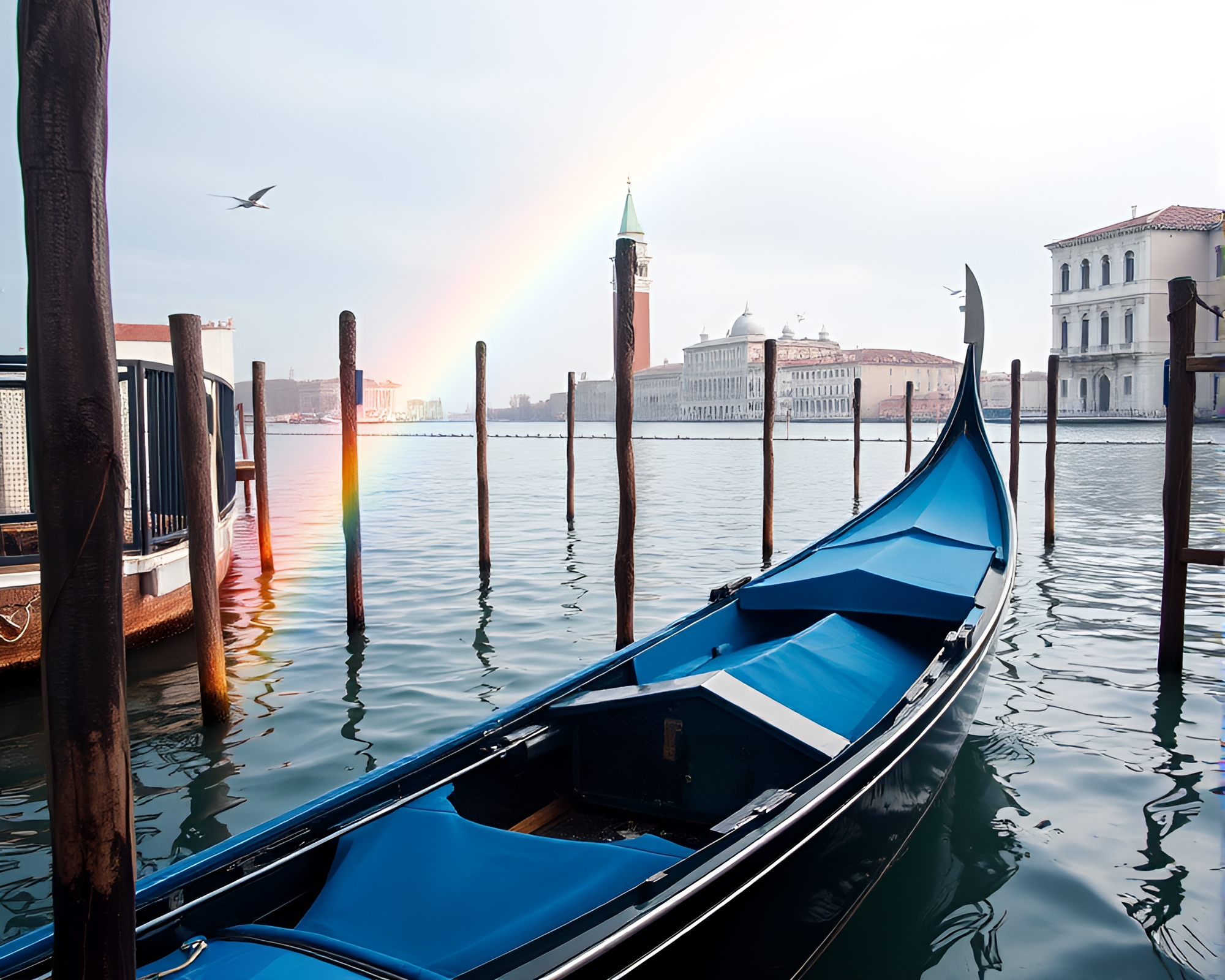 Rainbow Refraction: Venetian Gondola in Steel-Blue Light – free AI stock image