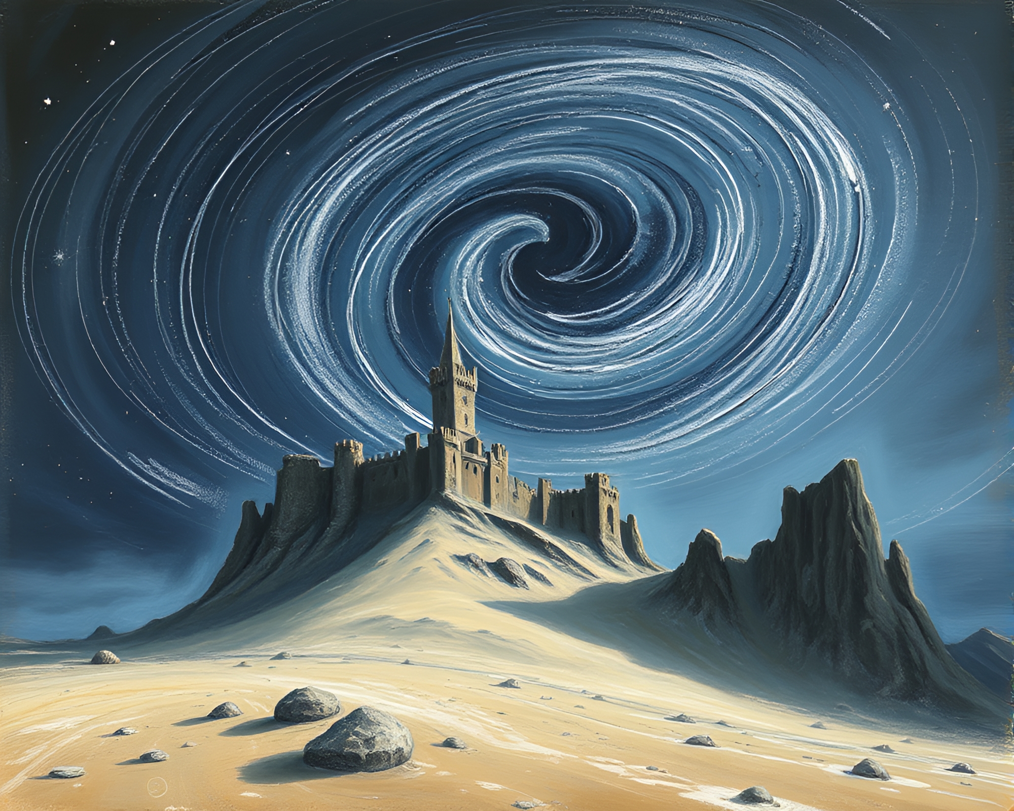 Chalk Sketch of Deserted Castle in Milky Way Night – free AI stock image
