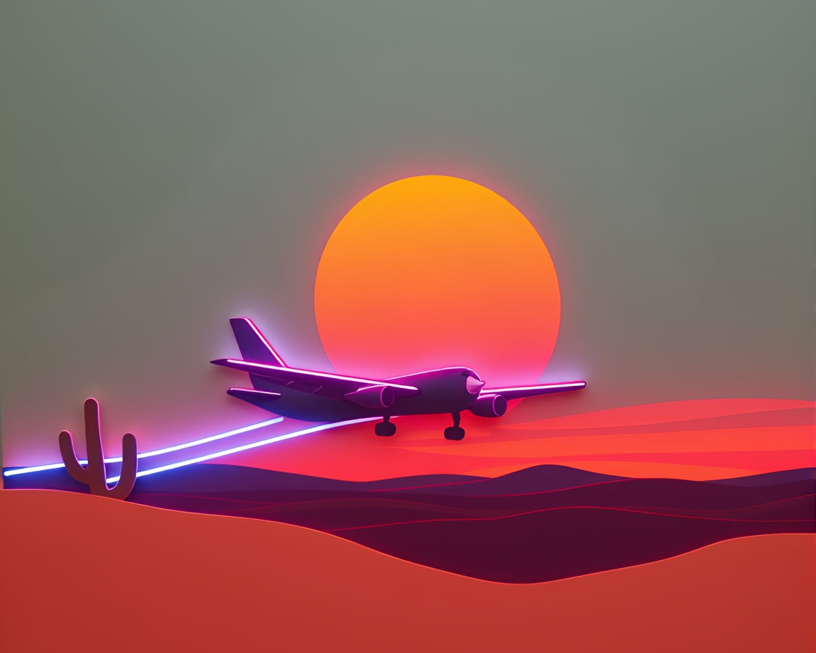 Vibrant neon-lit airplane flying in papercut desert sunset scene