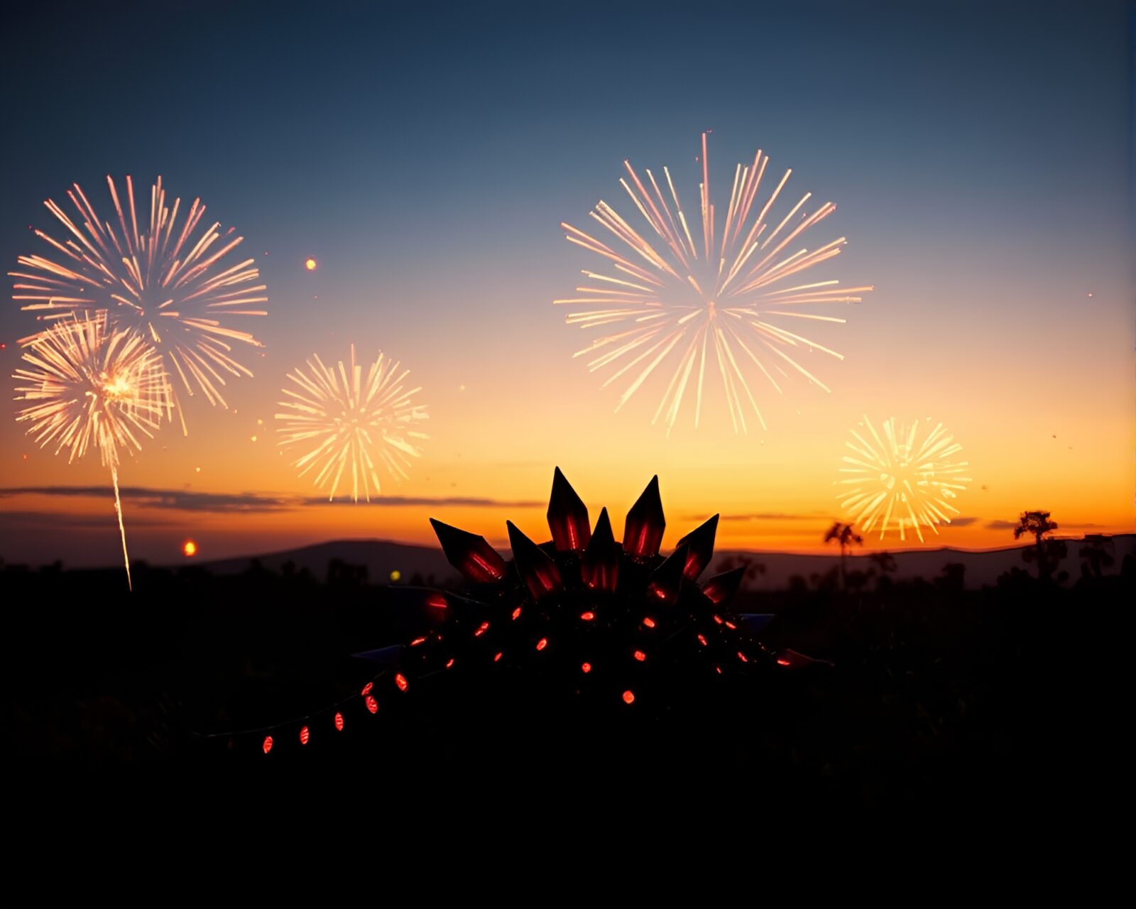 Gorgeous matte painting of armadillo silhouetted against sunset fireworks bursts