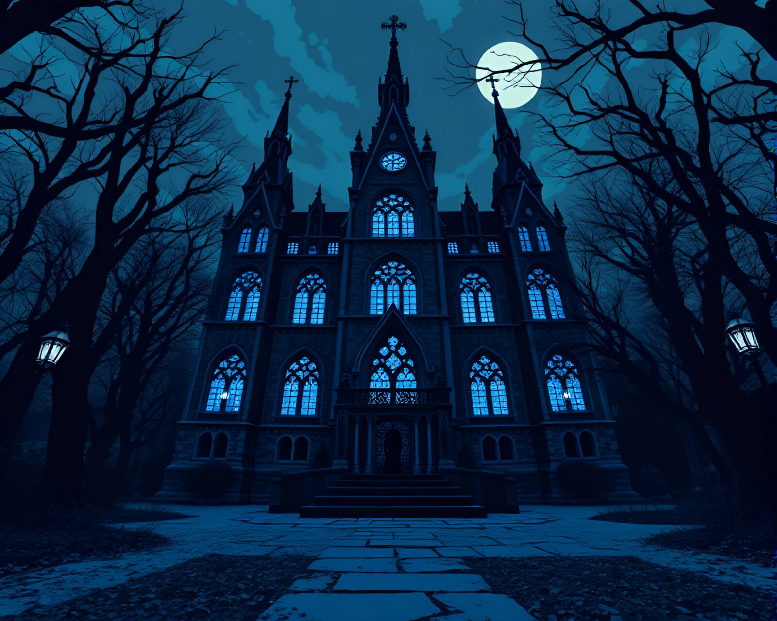 Eerie retro pixel art cathedral glowing in cobalt shadows