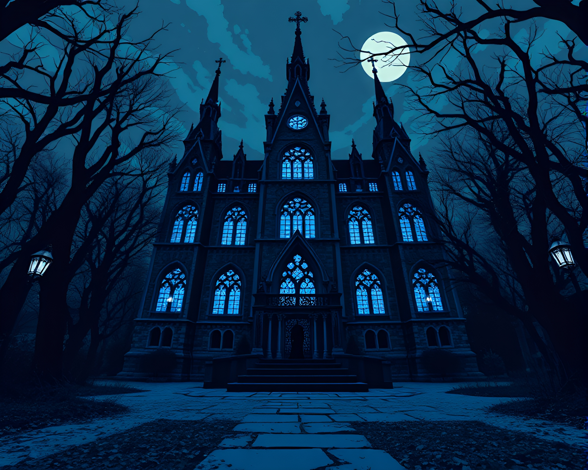 Gothic Pixelated Cathedral in Cobalt Blue Night – free AI stock image