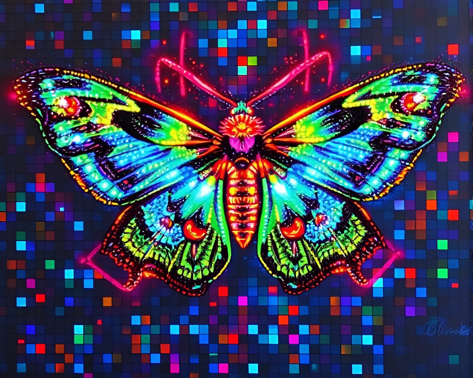Colorful moth surrounded by LED lights and holographic shine