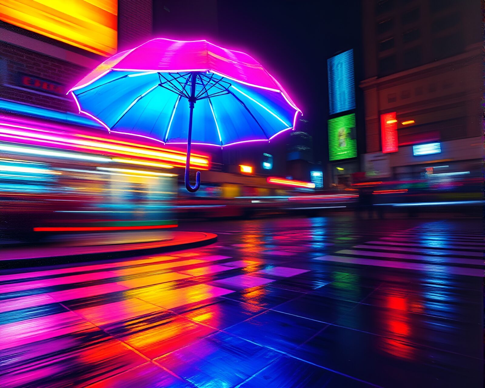 Vibrant encaustic painting of neon-lit umbrella in motion
