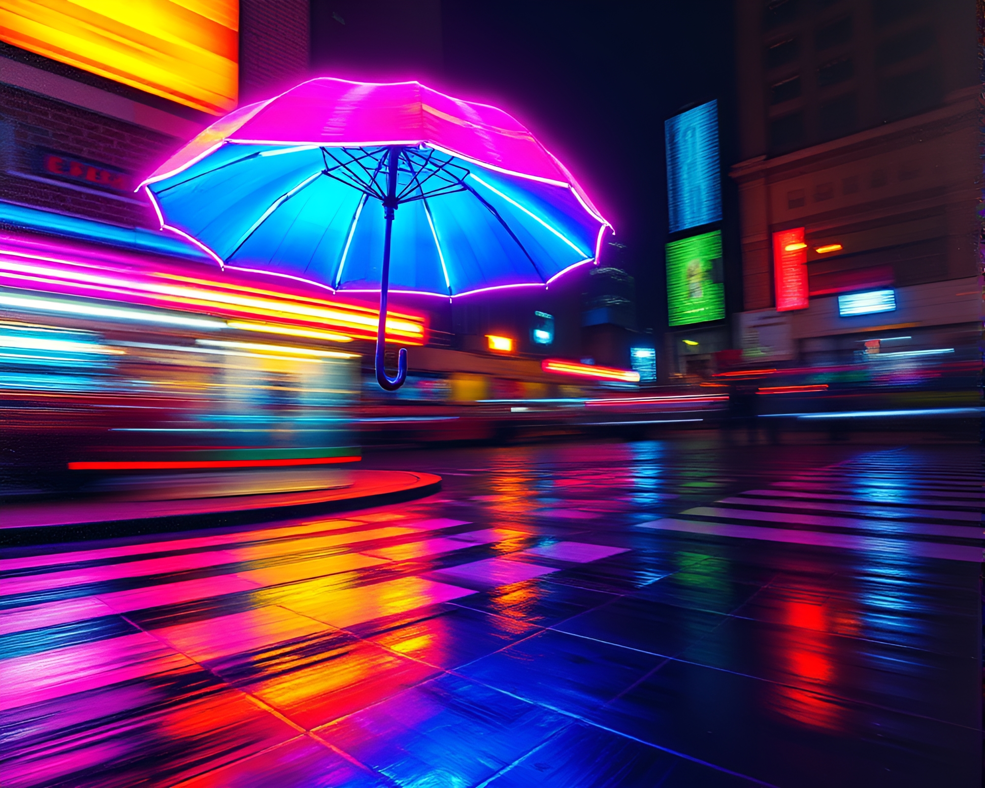 Encaustic Neon Umbrella Dance in Motion Capture – free AI stock image