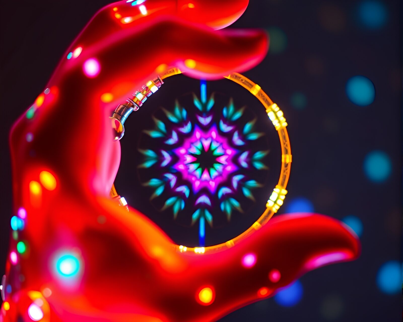 Futuristic cyber hand in kaleidoscope LED light frame