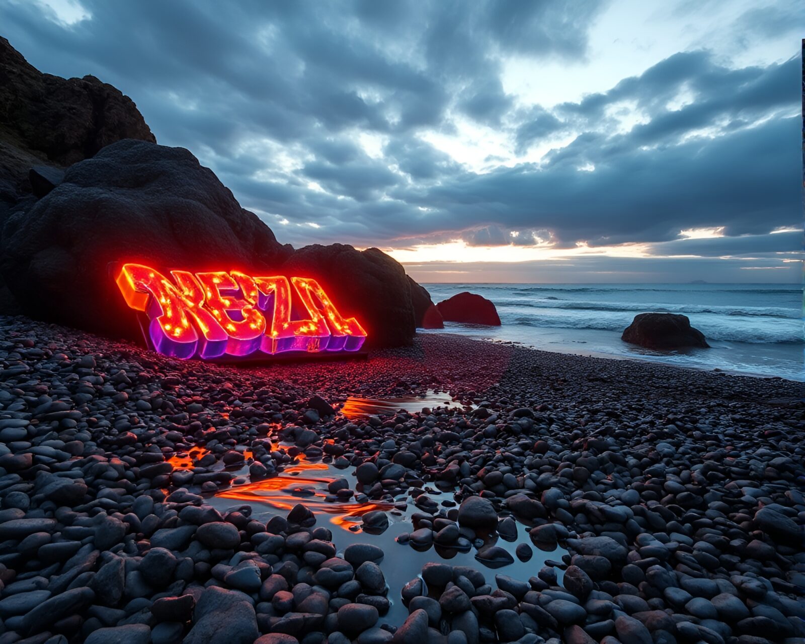 Dark bio-organic shapes glimmer under mystical graffiti paintings on pebble beach