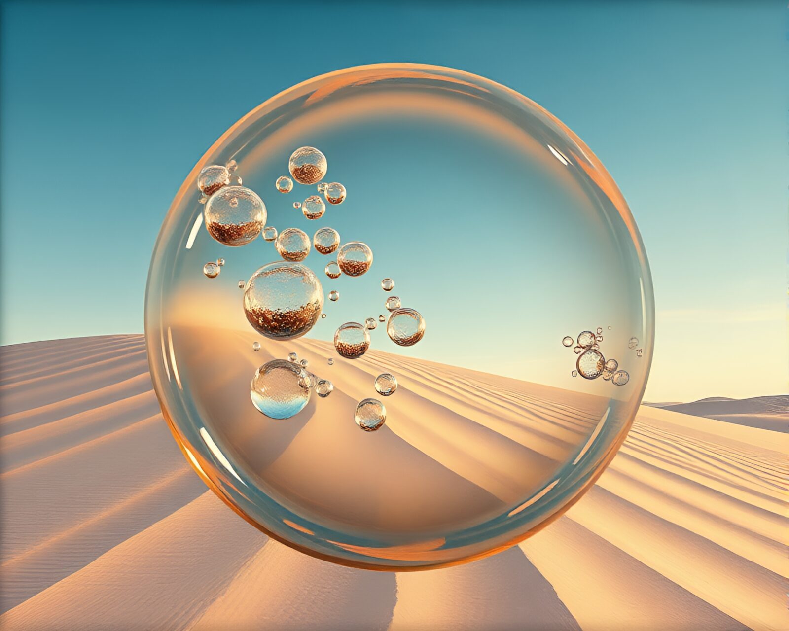 Colorful bubbles shimmering in desert sands under artistic lens