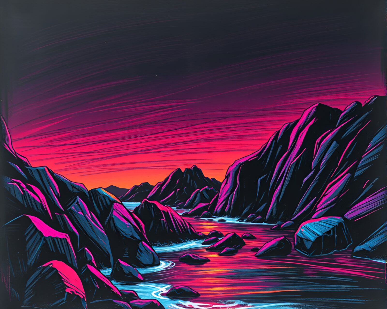 Futuristic rocky coast with neon lights on chalkboard background