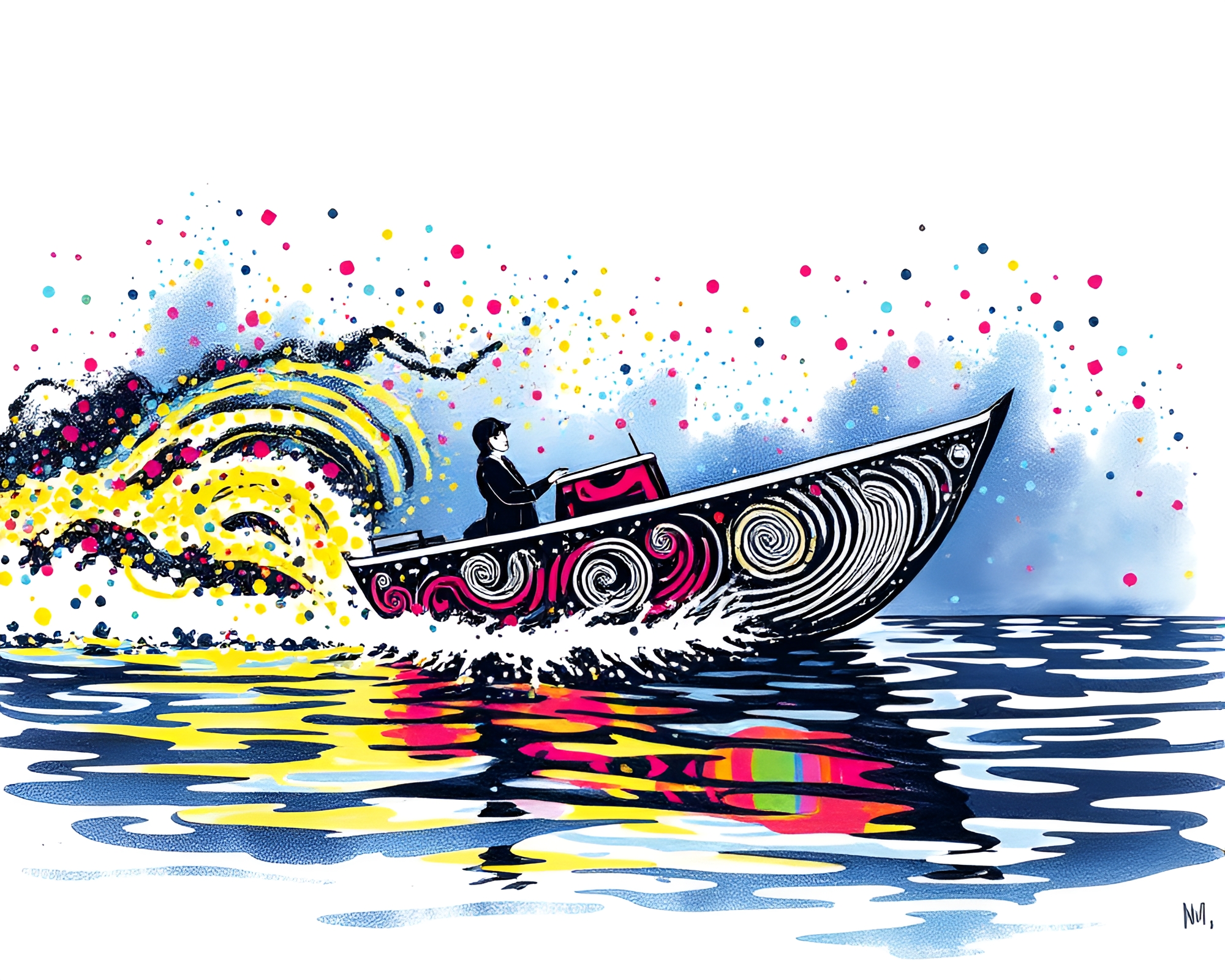 Hydrofoil Boat in Confetti Calligraphy Swirl – free AI stock image