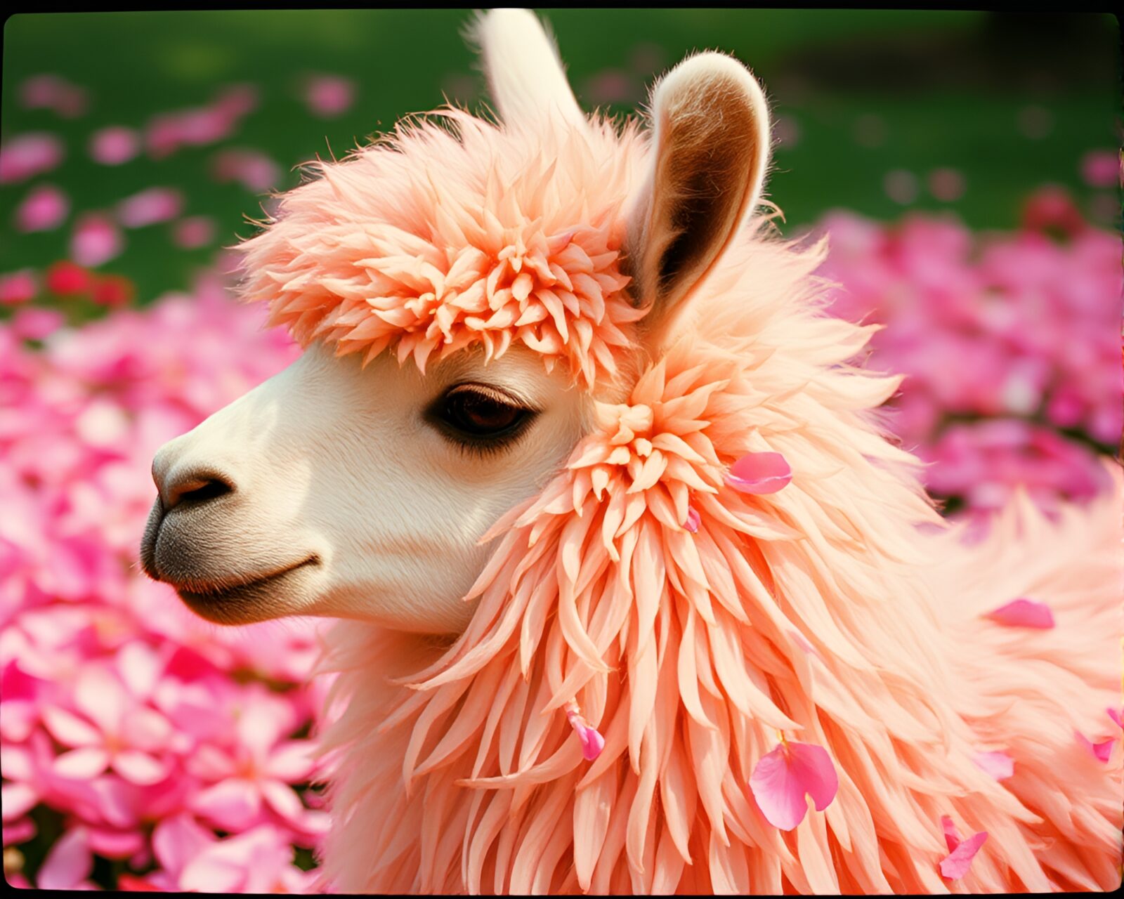 Vintage photo of llama with flower petals in expired film style