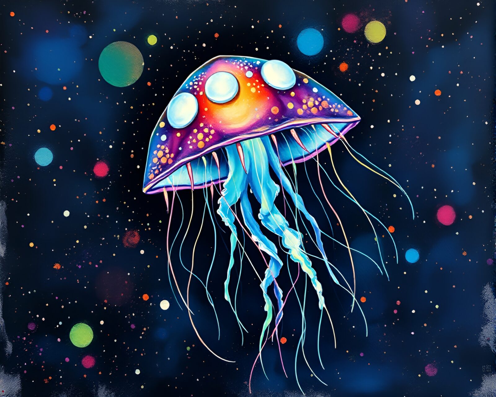 Colorful jellyfish glowing in spattered acrylic background