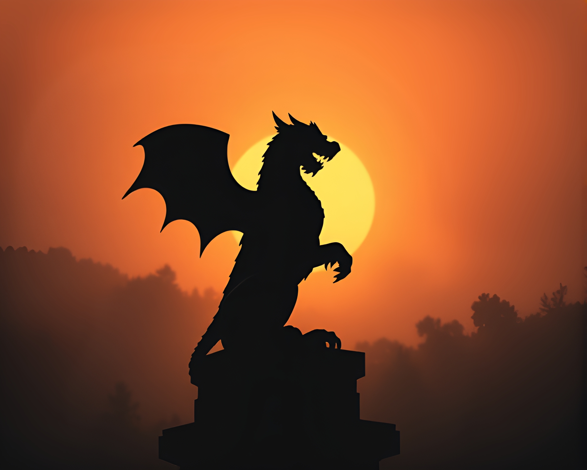 Gargoyle Woodblock Silhouette in Dawn Mist – free AI stock image