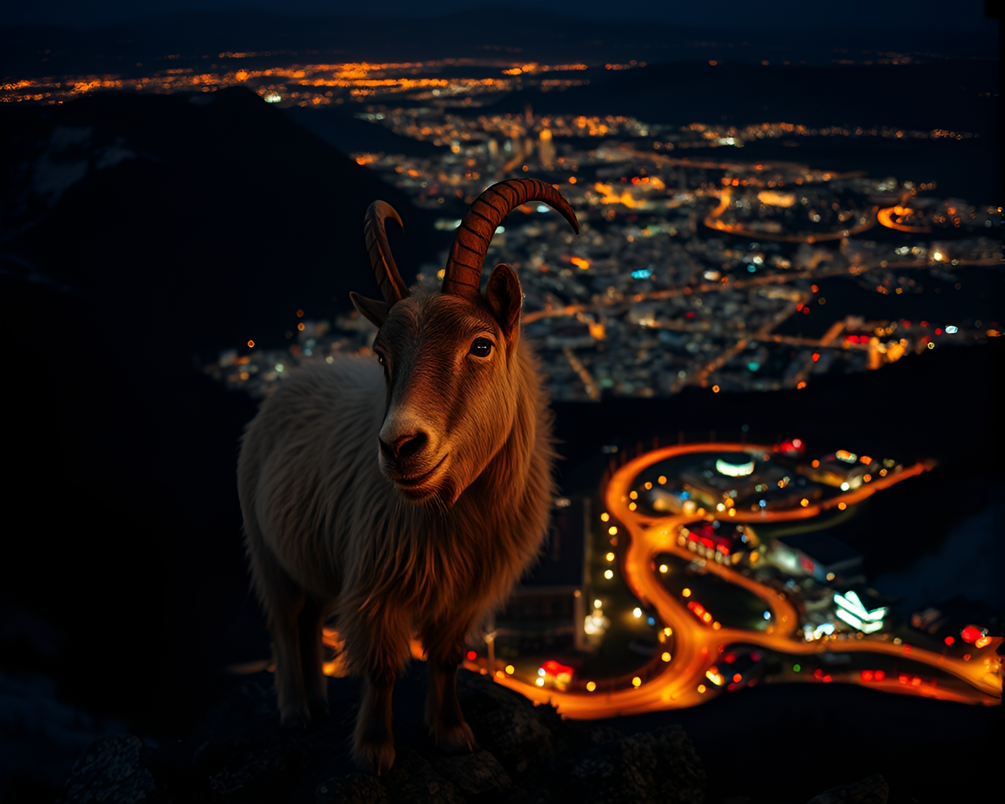 High-Angle Shot: Mountain Goat Amid City Lights – free AI stock image