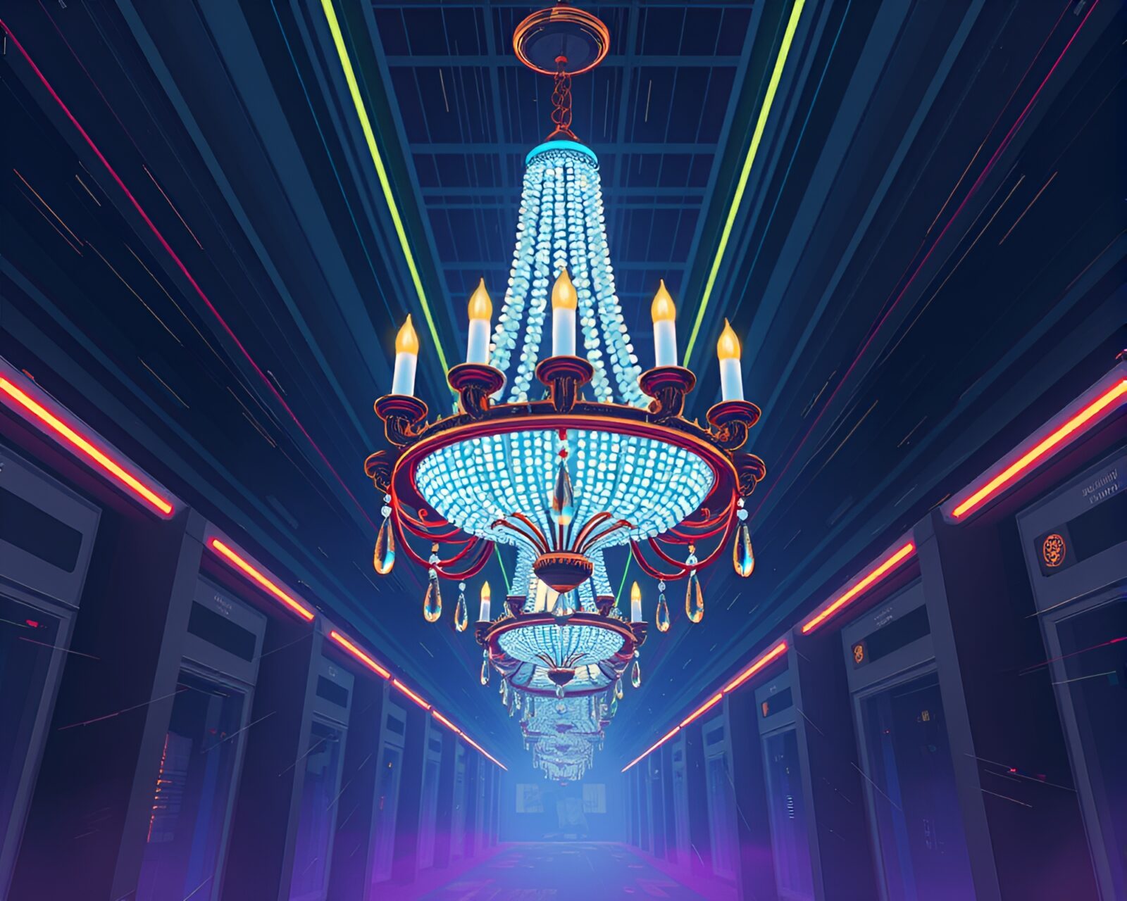 Futuristic chandelier glowing in cyberpunk setting with mysterious lighting