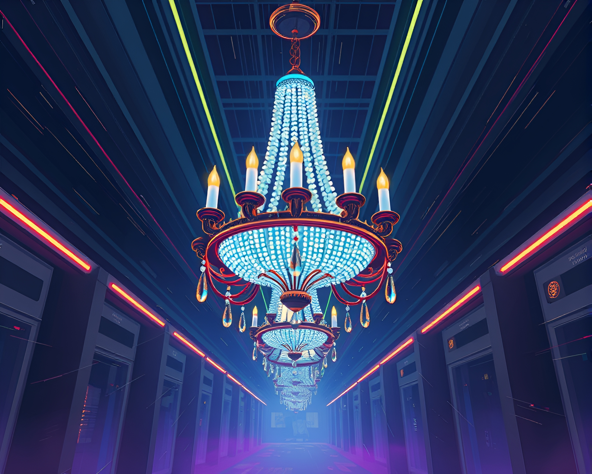 Cyberpunk Chandelier leading lines lens vignette composition – free AI stock image