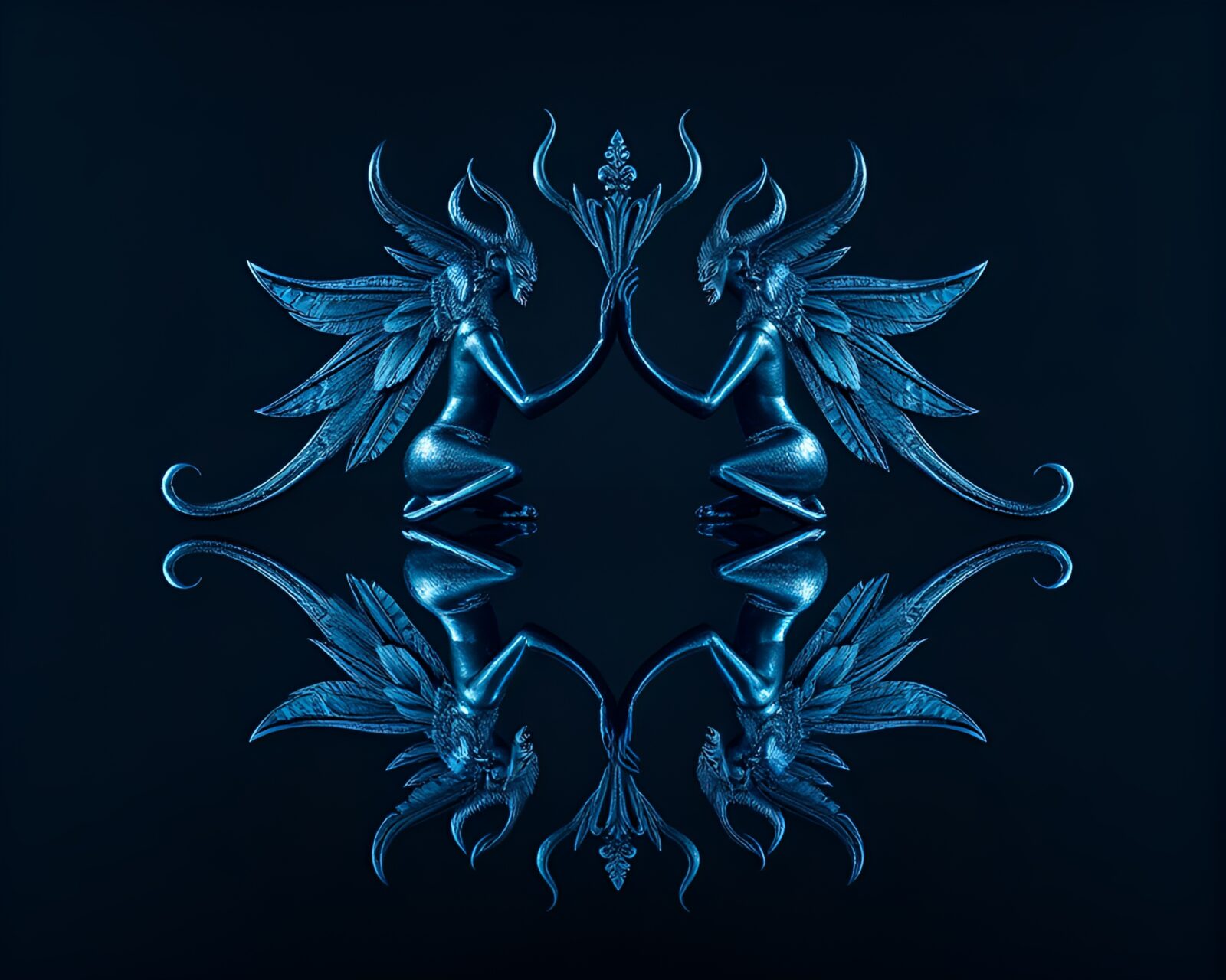 Ethereal djinn reflecting in symmetrical mirrors under cool light.