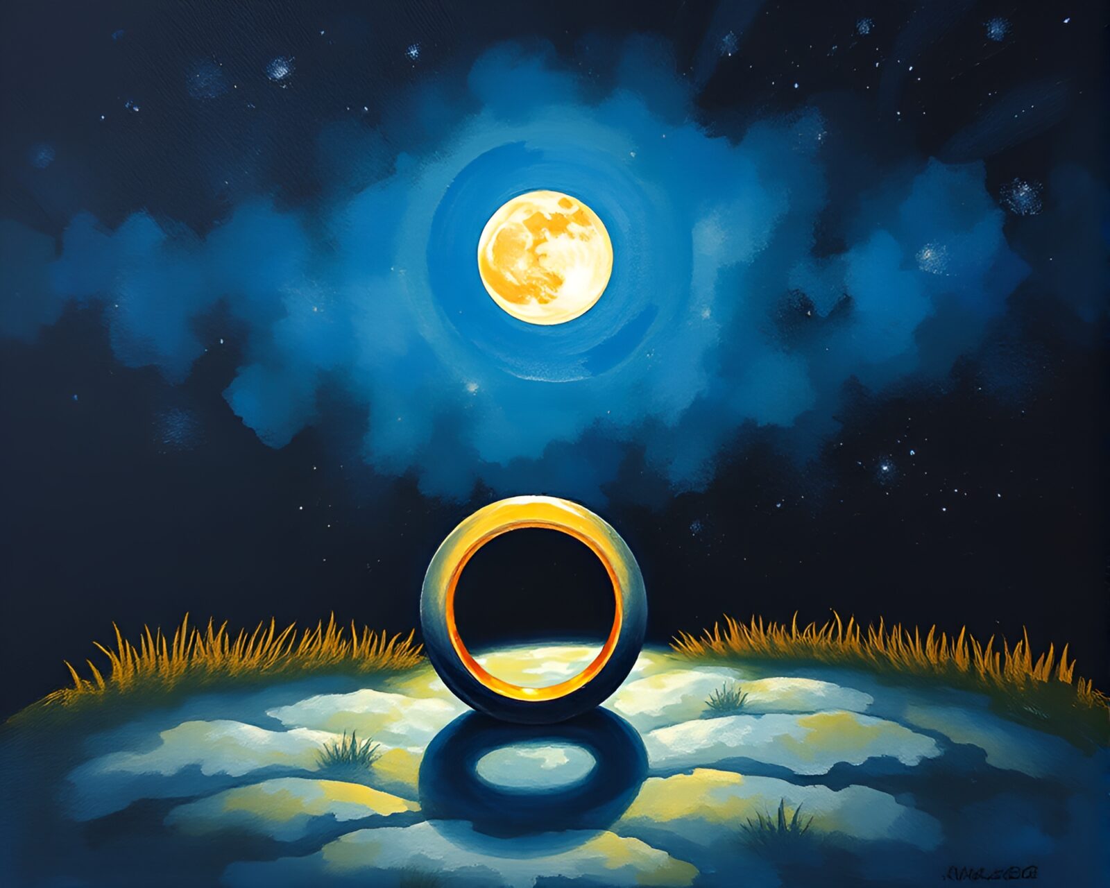 Gouache painting of a ring under moonlight overlayed with texture
