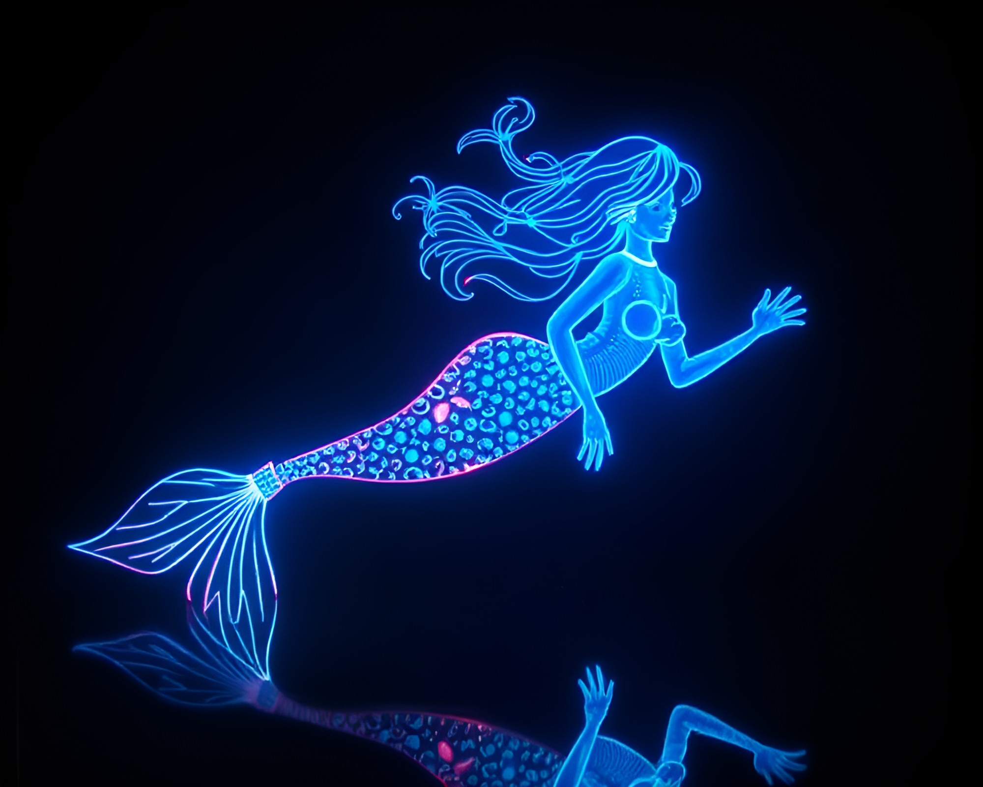 Mermaid in Bioluminescent Waters with Chrome Reflections – free AI stock image