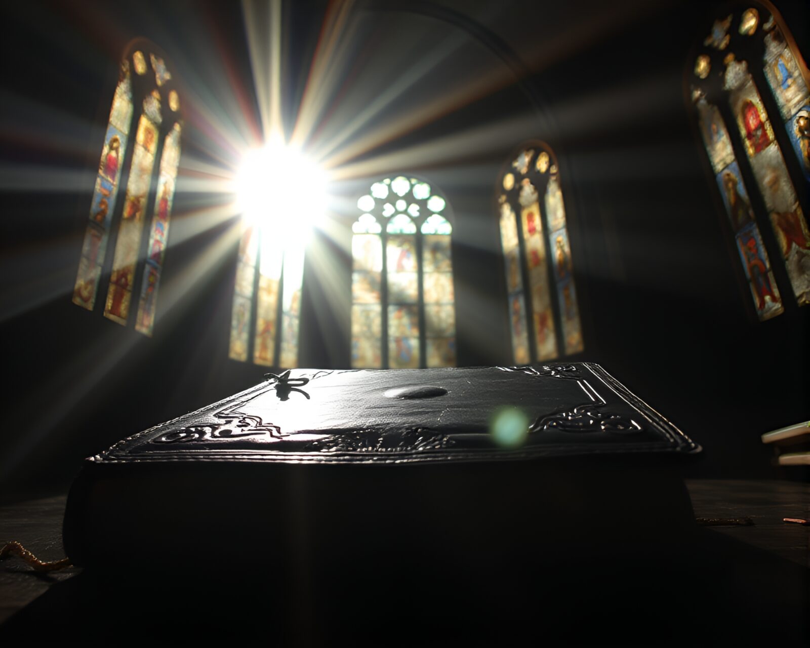 Leather-bound diary in dark cathedral with sun glare