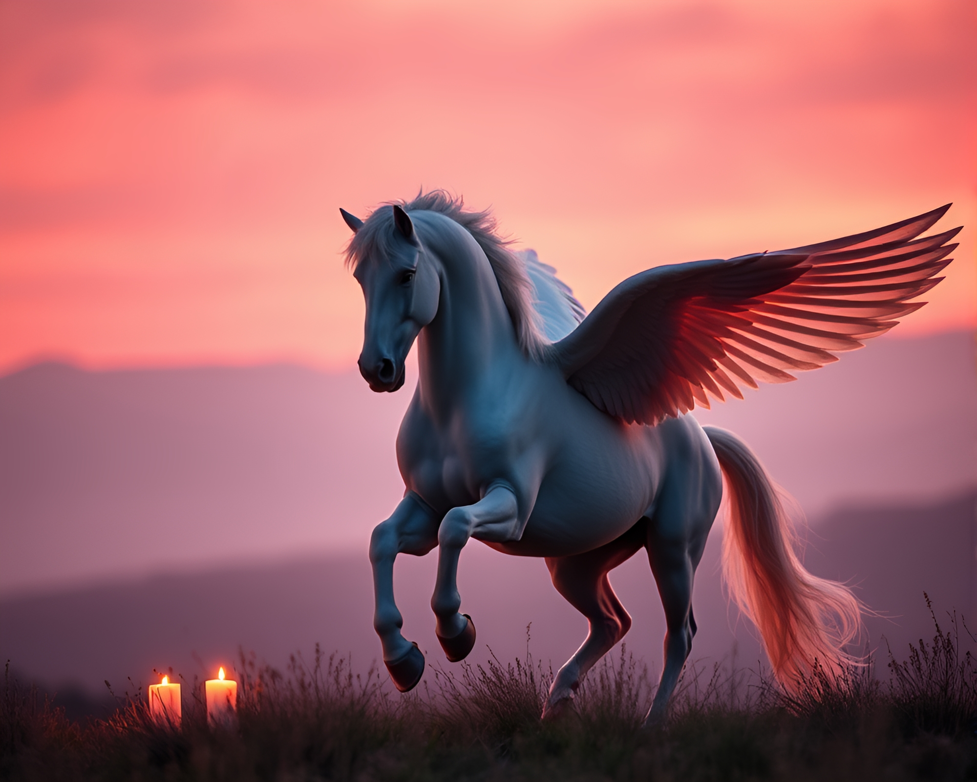 Pegasus in Blush Pink Candlelit Scene – free AI stock image