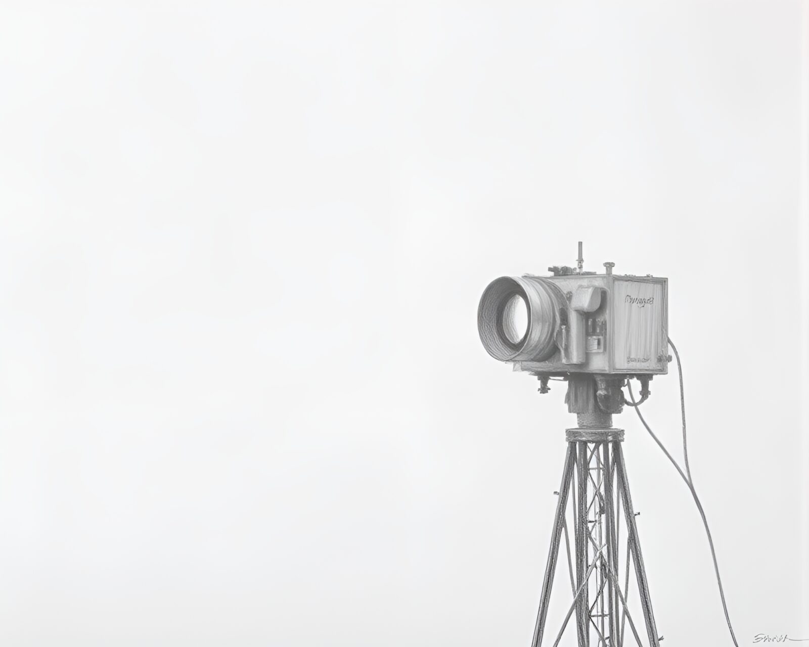 Vintage telegraph machine emitting sunburst Morse code in mist