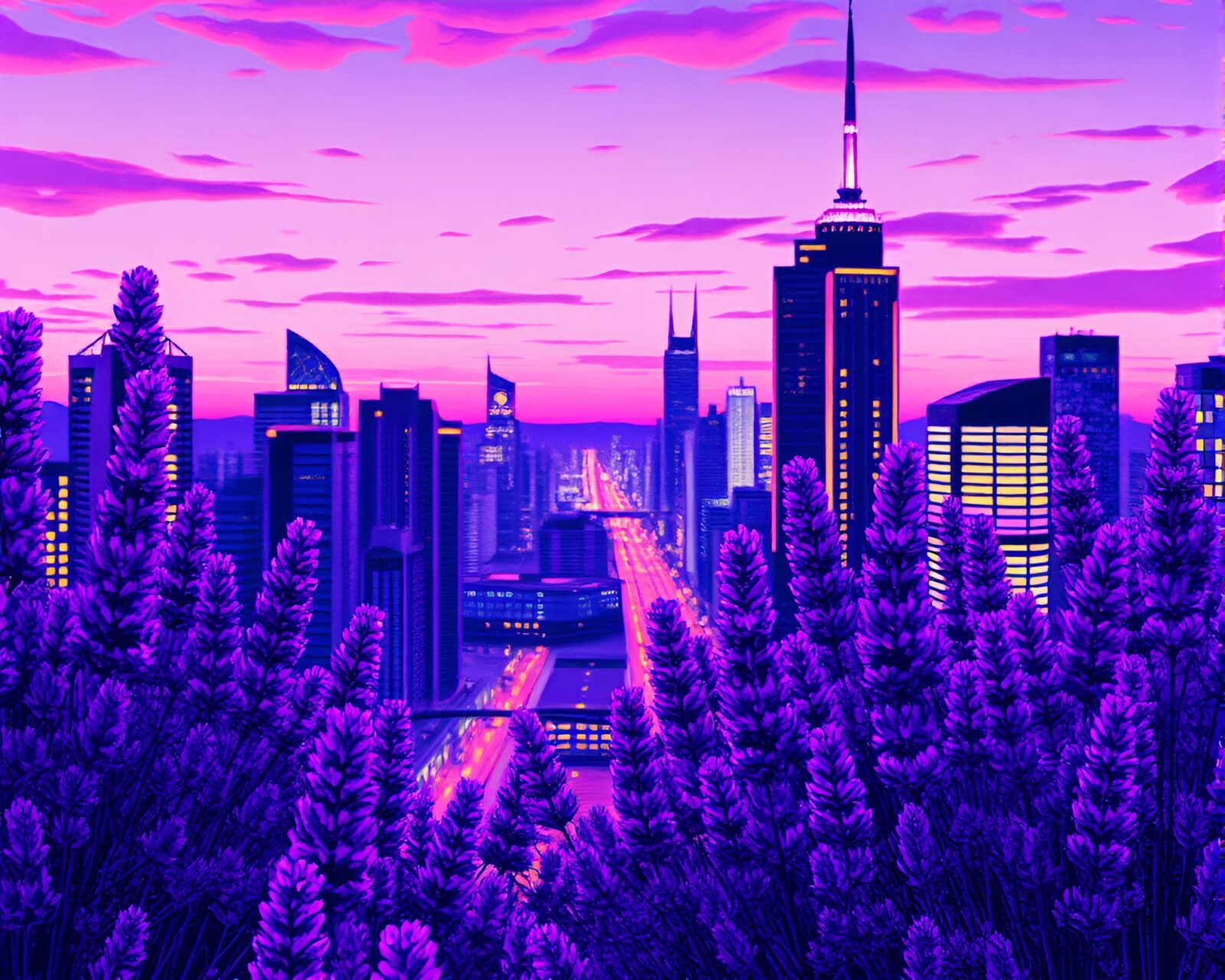 Glowing futuristic city at night with lavender sky