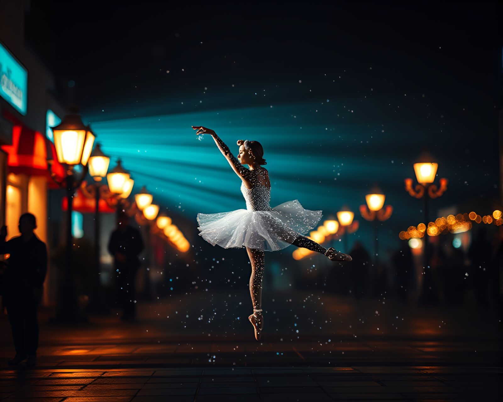 Ethereal hologram ballet dancer under a streetlamp glow