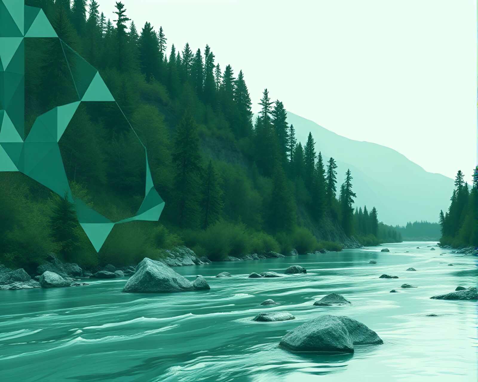 Abstract image of river flowing through geometric mint green landscape.